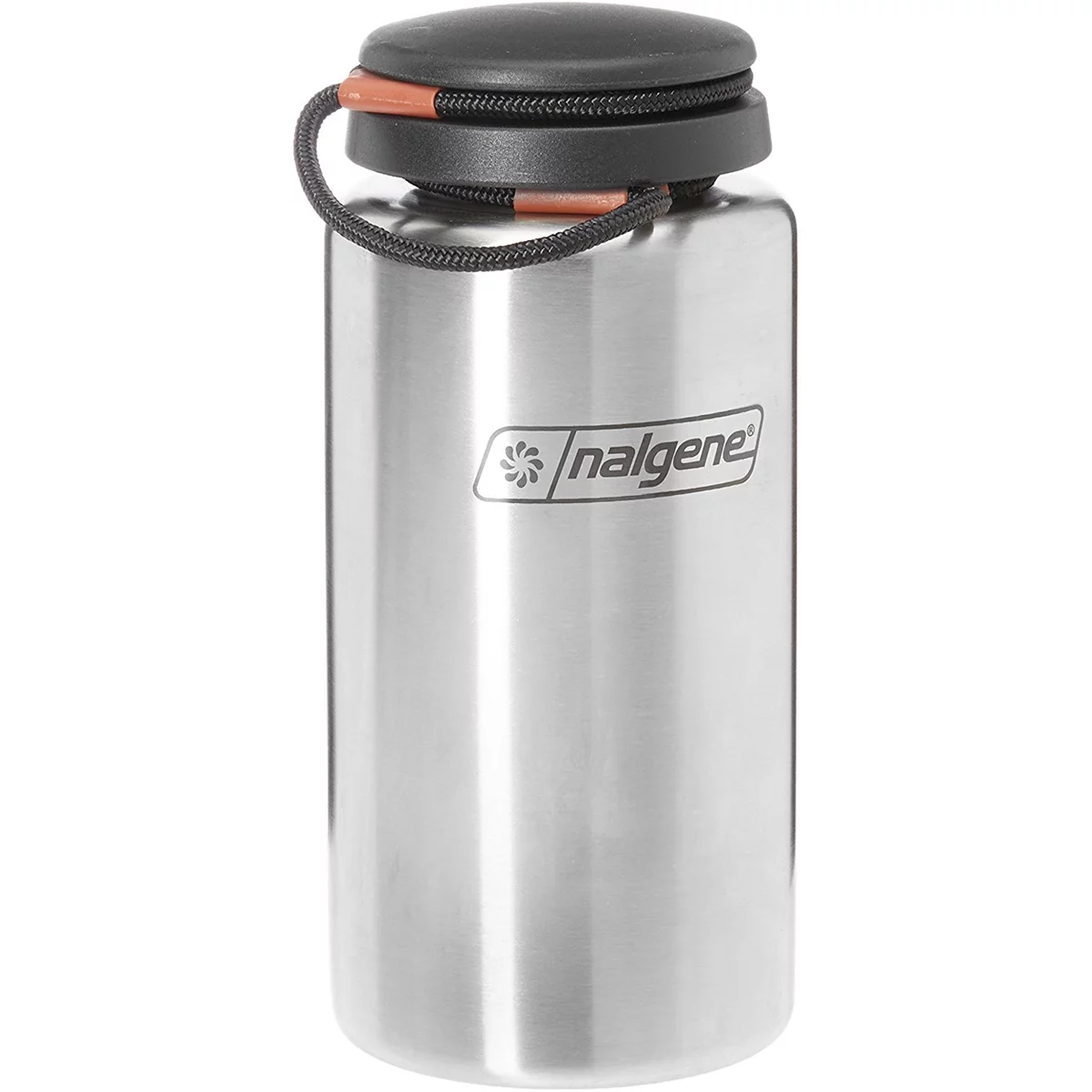 Nalgene Standard Wide Mouth Tethered Lid Water Bottle - 38 oz. - Stainless Steel