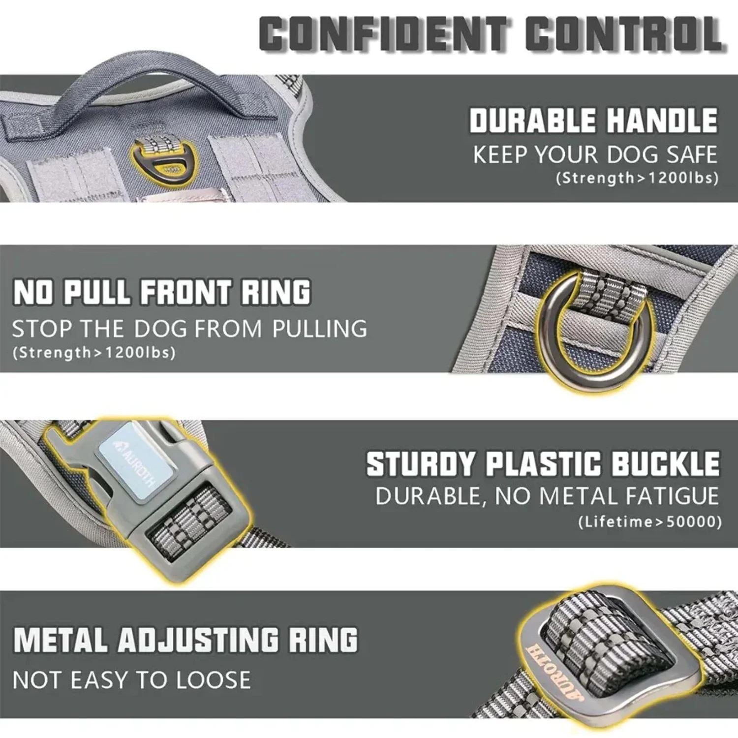 Auroth Tactical Dog Harness Adjustable Metal Buckles Dog Vest with Handle, No Pulling Front Leash Clip - Gray