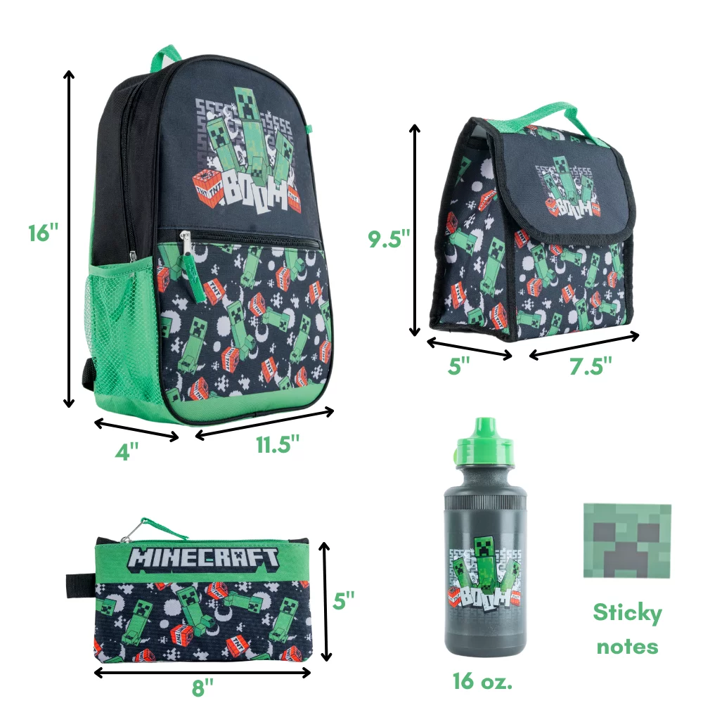 Minecraft Kids Backpack with Lunch Bag Water Bottle and Pencil Pouch 5 Pc 16 inch Black