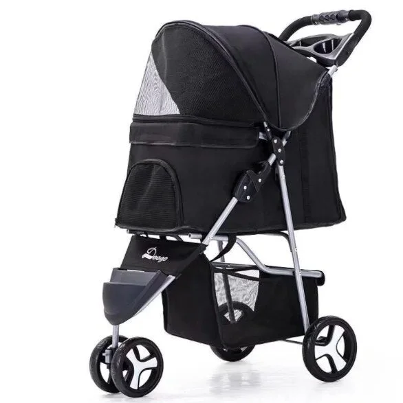 Pet Stroller 3 Wheels Cat Dog Travel Folding Carrier Lightweight Breathable Bag with Cup Holder for Small Dogs Teddy Chihuahua