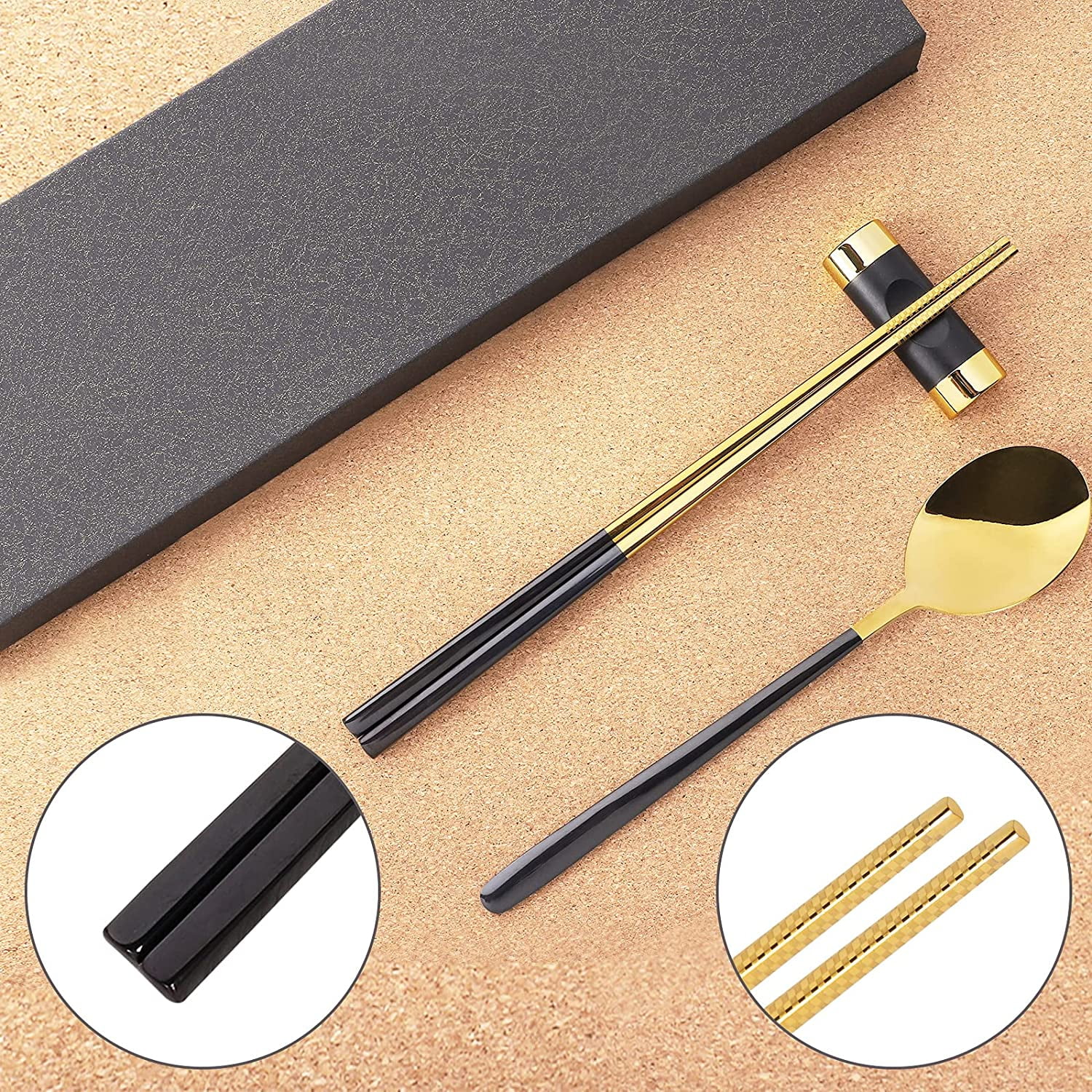 Stainless Steel Chopsticks Spoons and Chopsticks Holders, Dinner Flatware Gift Set (Black&Golden)