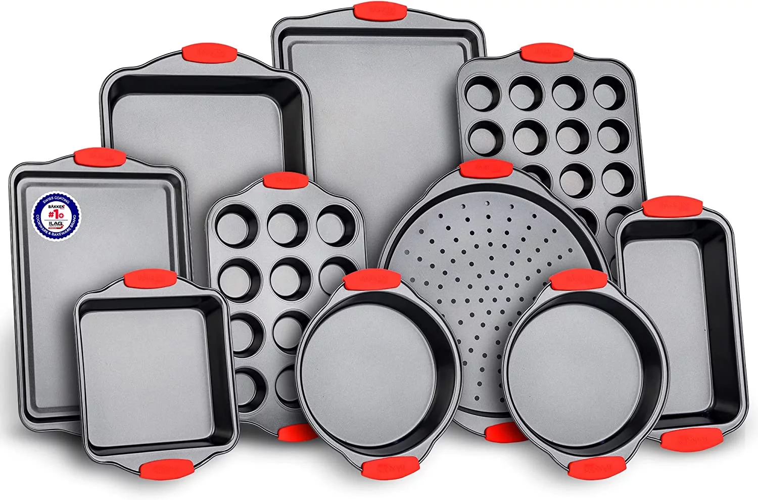 Baking Set – 10 Piece Kitchen Oven Bakeware Set – Deluxe Non-Stick Blue Coating Inside and Outside – Carbon Steel – Red Silicone Handles – PFOA PFOS and PTFE Free by Bakken