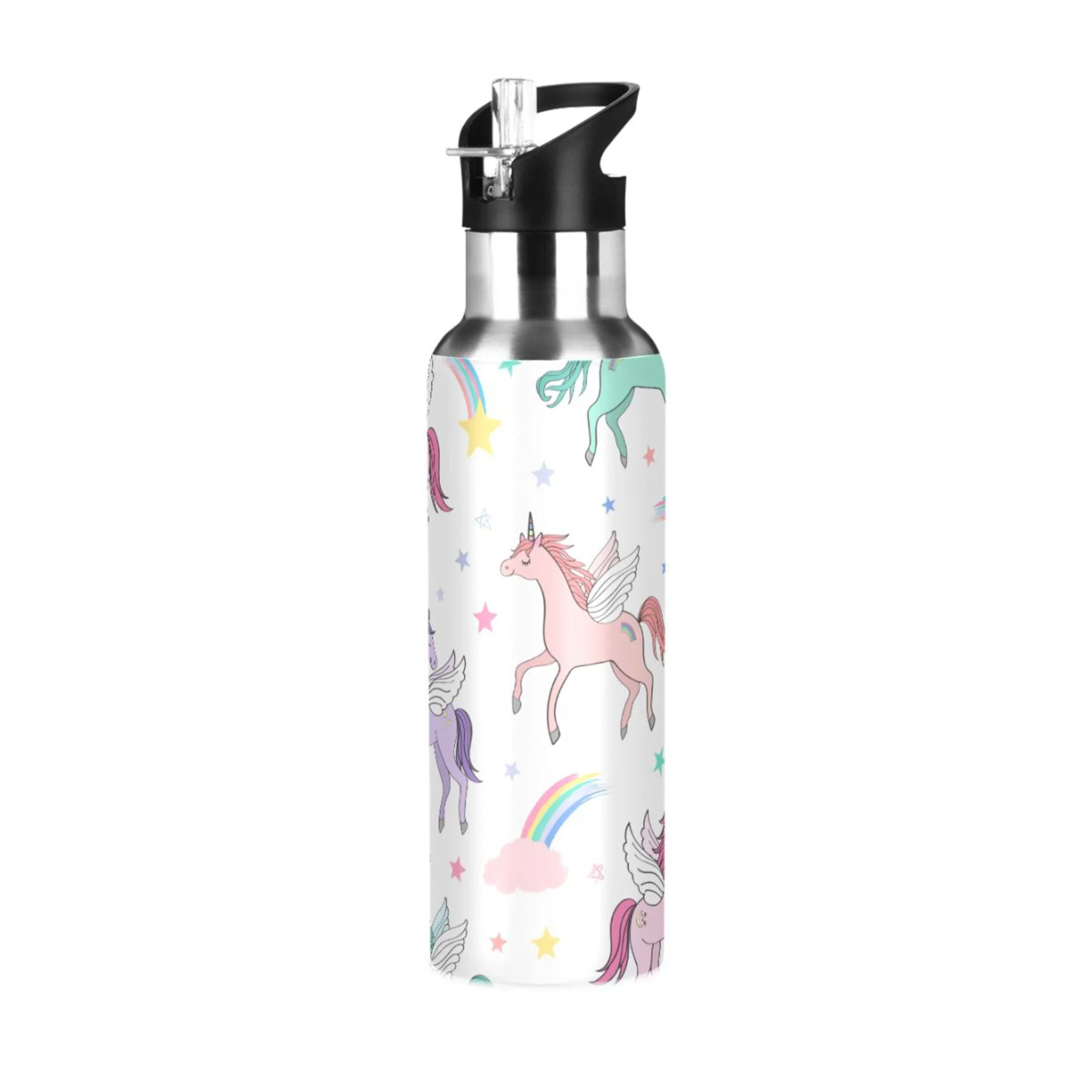 Water Bottle with Straw Lid Leak Unicorns Pegacorns Flying Stainless Steel Insulated Thermos Vacuum Flask for Cold Hot Drinking for Sports Camping Gym Yoga