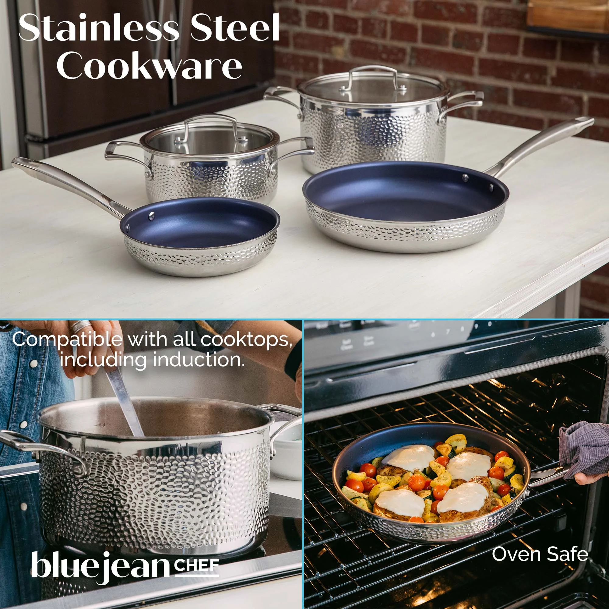 Blue Jean Chef 6-Piece Stainless Steel Cookware Set, Hammered Finish, Tri-Ply Construction Clad Cookware, Nonstick; Induction, Oven & Dishwasher Safe