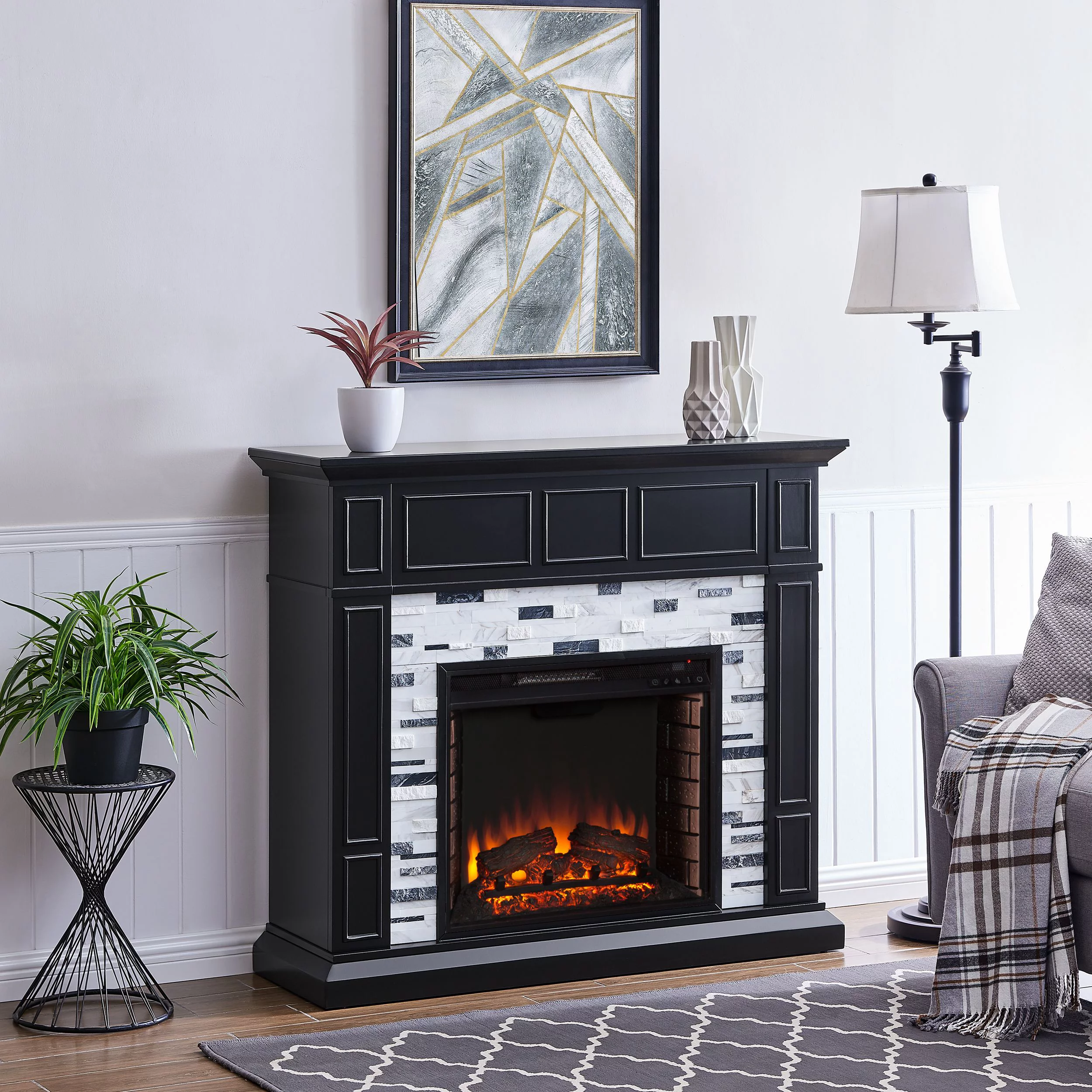 SEI Furniture Frescan Freestanding Marble Electric Fireplace in Black with White and Gray Marble