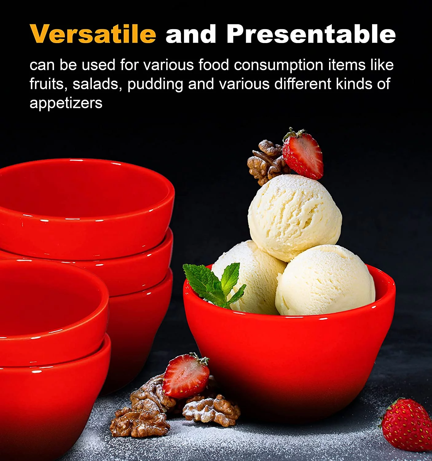 Bruntmor | Christmas Dinner Serving Ceramic 8 Oz Dessert Bowls - Set Of 6