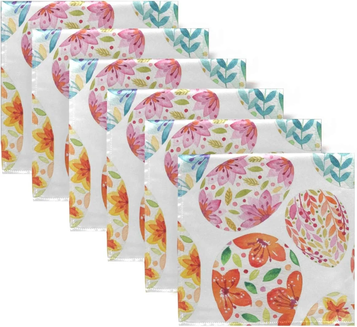 Wellsay Set of 6 Multi Colored Easter Egg Watercolor Floral Easter Pattern Cloth Napkins Washable Polyester Dinner Napkins 20
