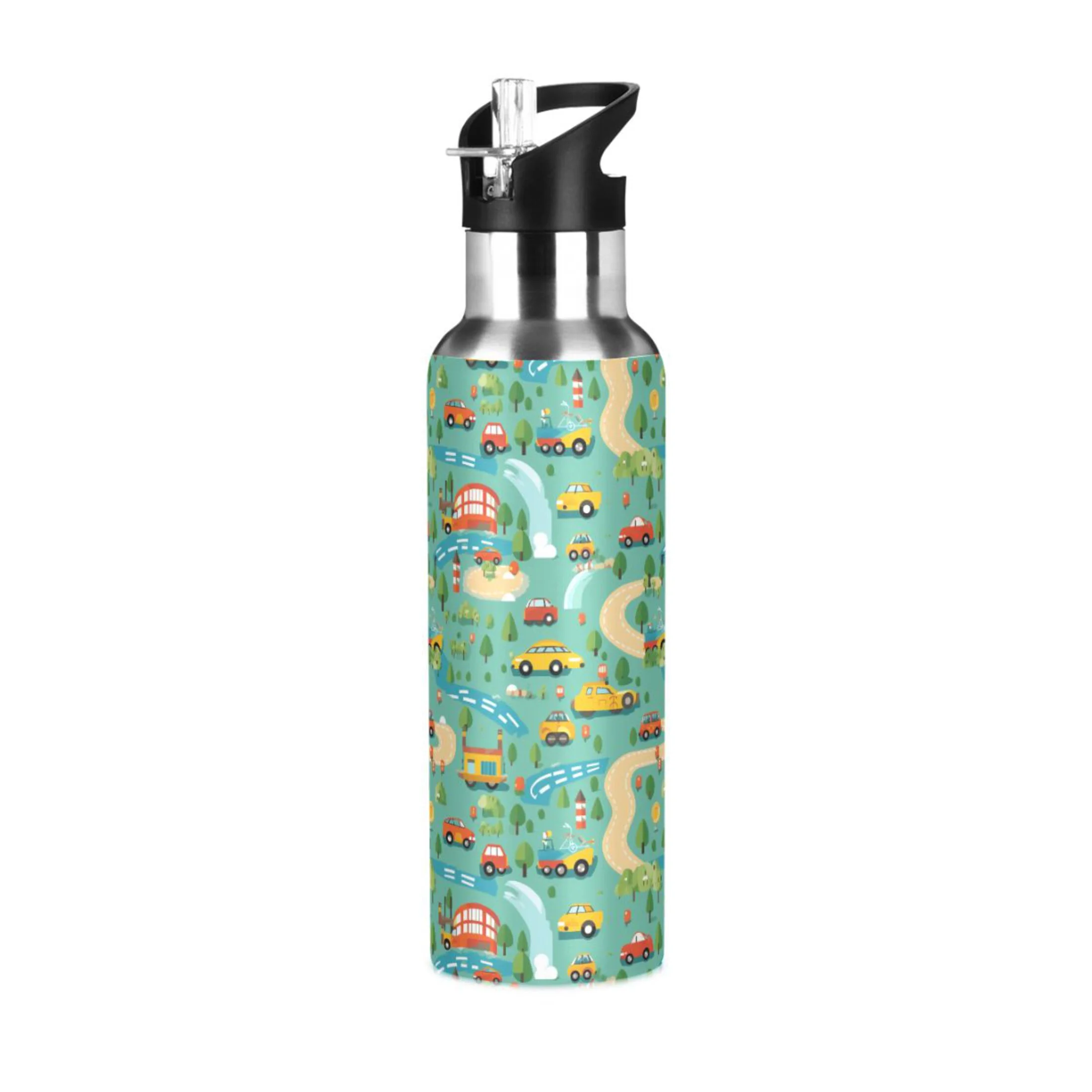 Car Cartoon Water Bottles Insulated Thermos Kids Stainless Steel Bottle with Straw Lid Flask Leakproof for Sports Gym 20 oz