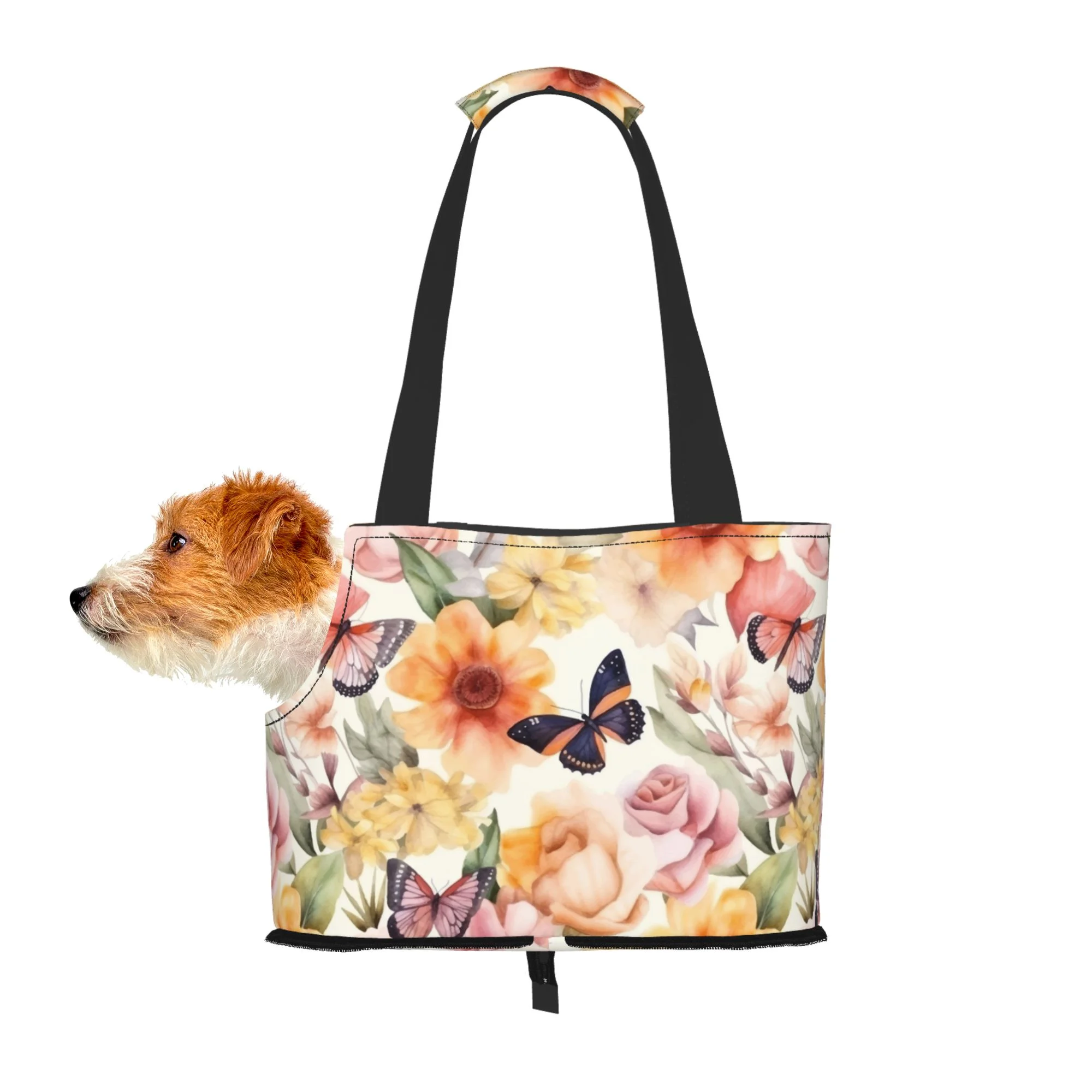 TEQUAN Foldable Dog Purse Carrier, Collapsible Vintage Daisy Flowers Butterflies Prints Pet Travel Tote Bag for Small Cat Puppy, Waterproof Dog Soft-Sided Carriers