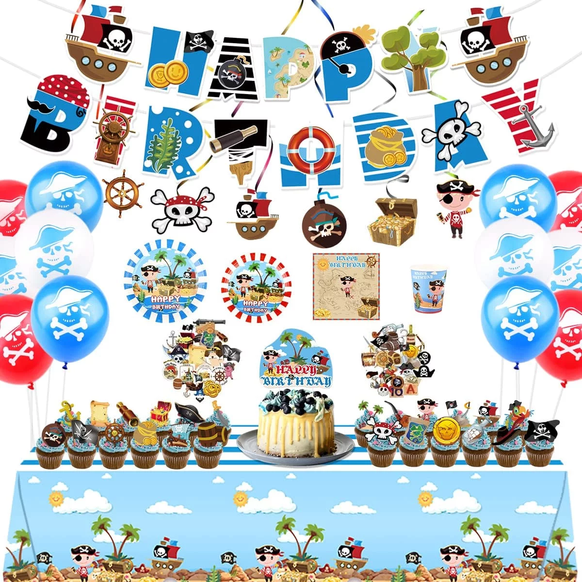 156PCS Pirate Theme Kids Birthday Party Decoration Tableware Set, Plates, Banners, Tablecloth, Balloons, Napkins, Cupcake Toppers, Hanging Swirls, Children Birthday Decorations