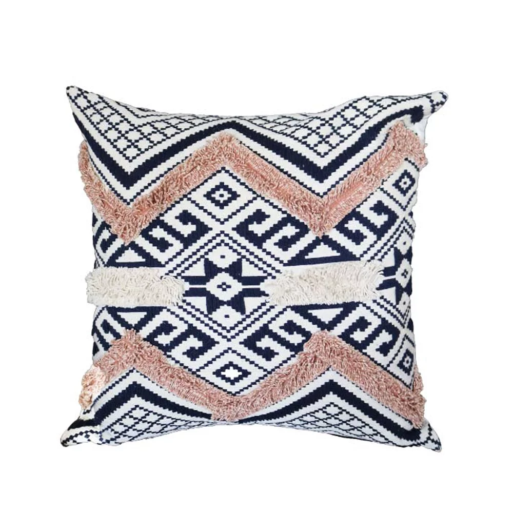 18 x 18 Handcrafted Square Jacquard Cotton Accent Throw Pillow, Geometric Tribal Pattern, White, Black, Beige
