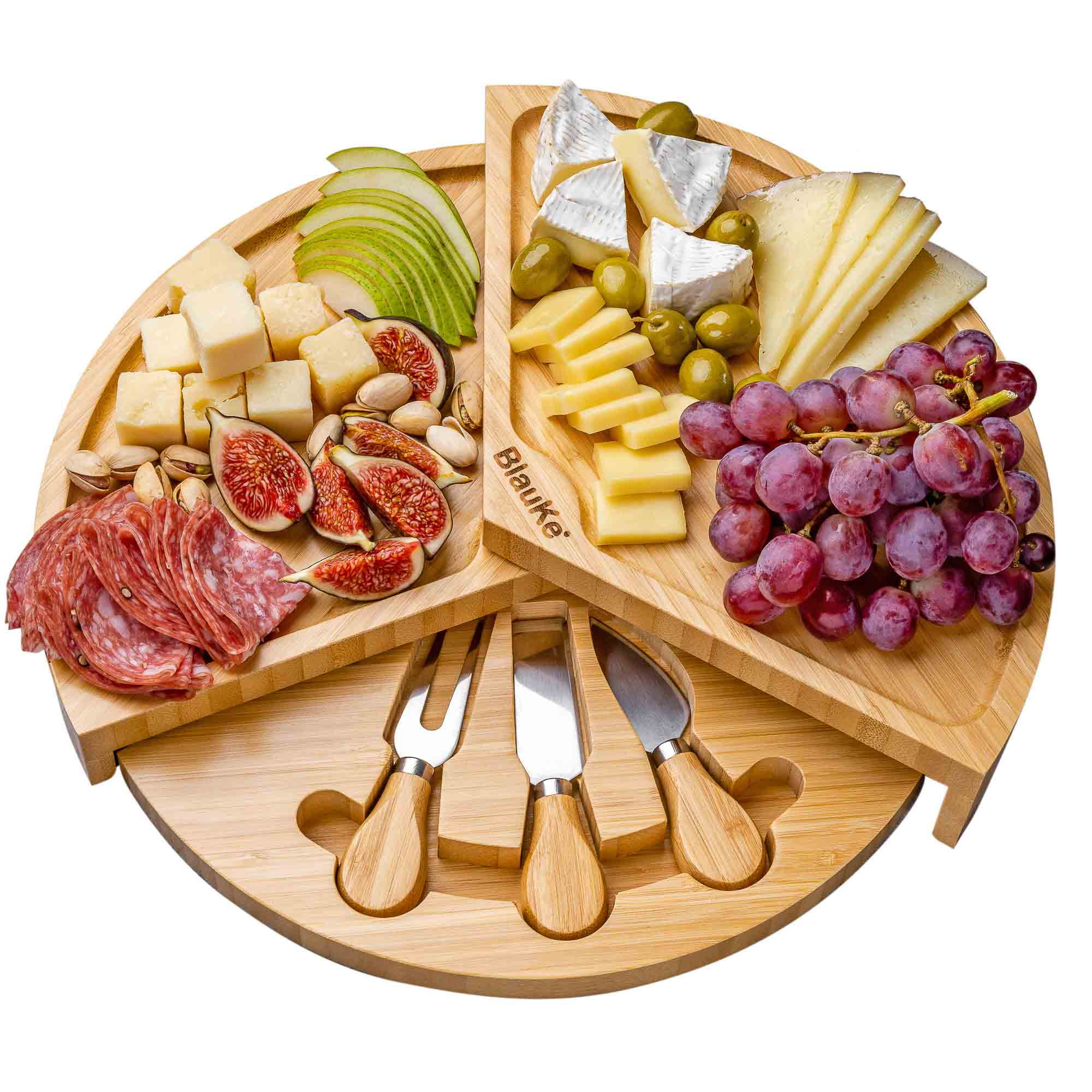 BlauKe® Bamboo Cheese Board and Knife Set – 14 inch Round Charcuterie Board, Serving Tray, Platter, Wood Cheese Board Set with Slide-Out Drawer