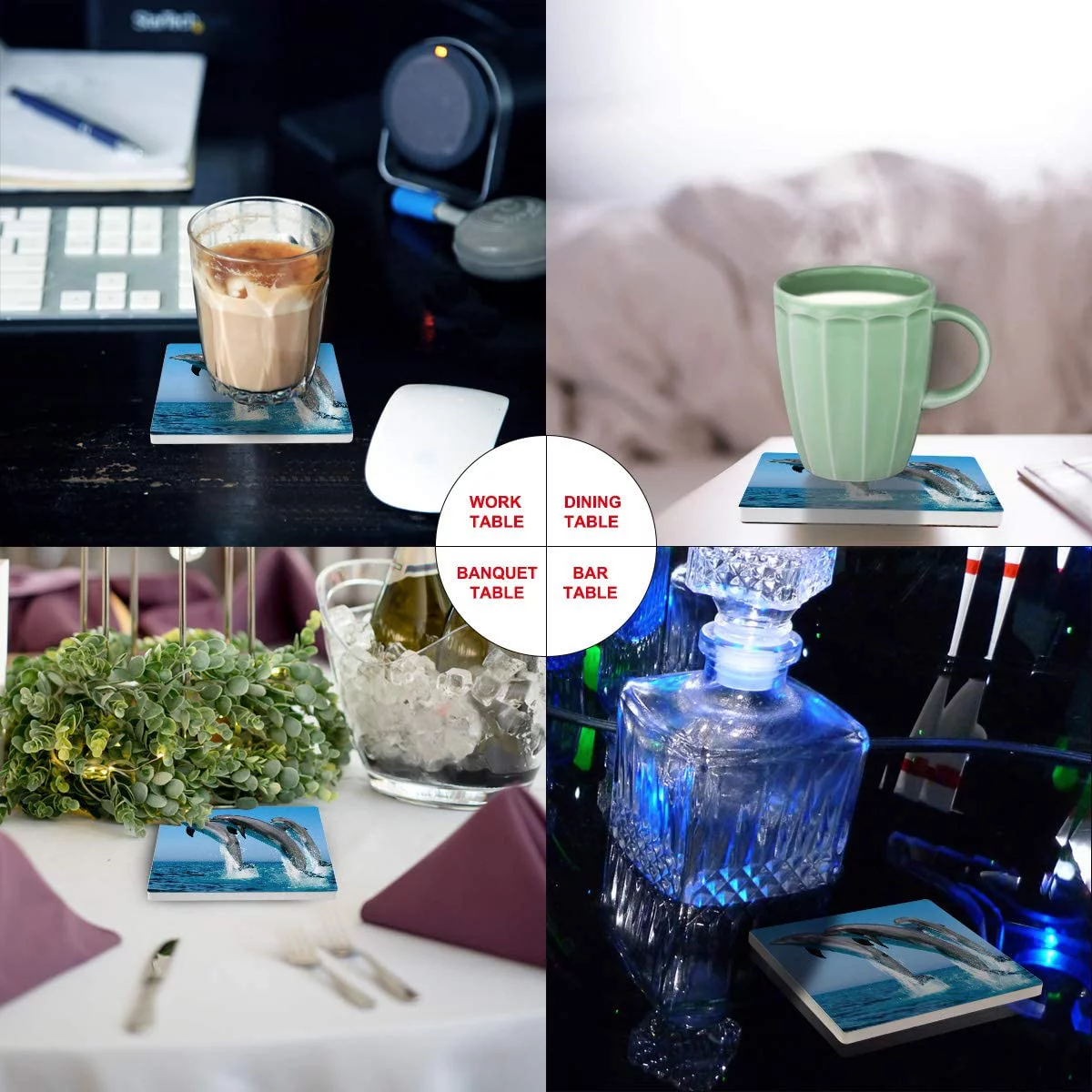 KXMDXA Dolphin Jumps Out of The Water Ocean Theme Set of 6 Coaster for Drinks, Absorbent Ceramic Stone Coasters Cup Mat with Cork Base for Home Kitchen Room Coffee Table Bar Decor