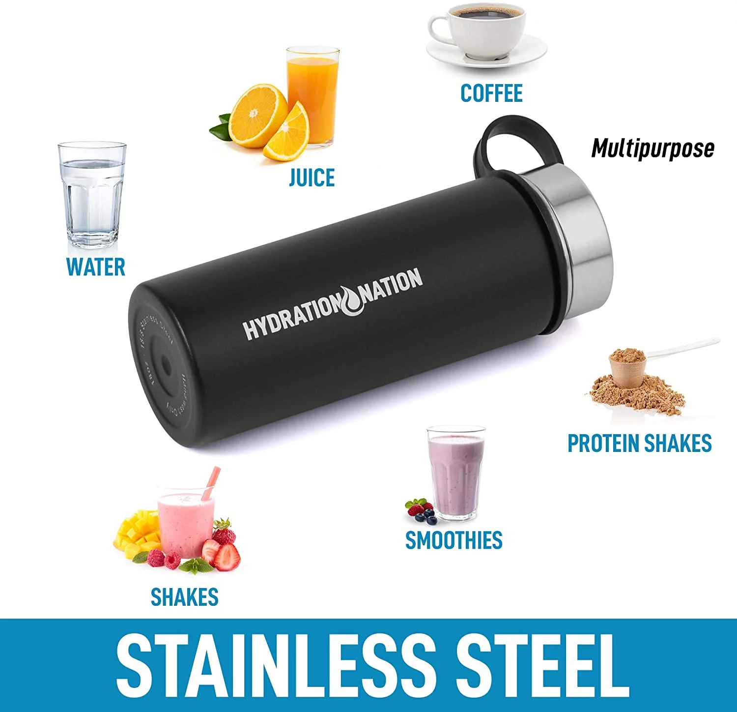 Zulay Kitchen Stainless Steel Vacuum Insulated Water Bottle by Hydration Nation - 18oz Midnight Black