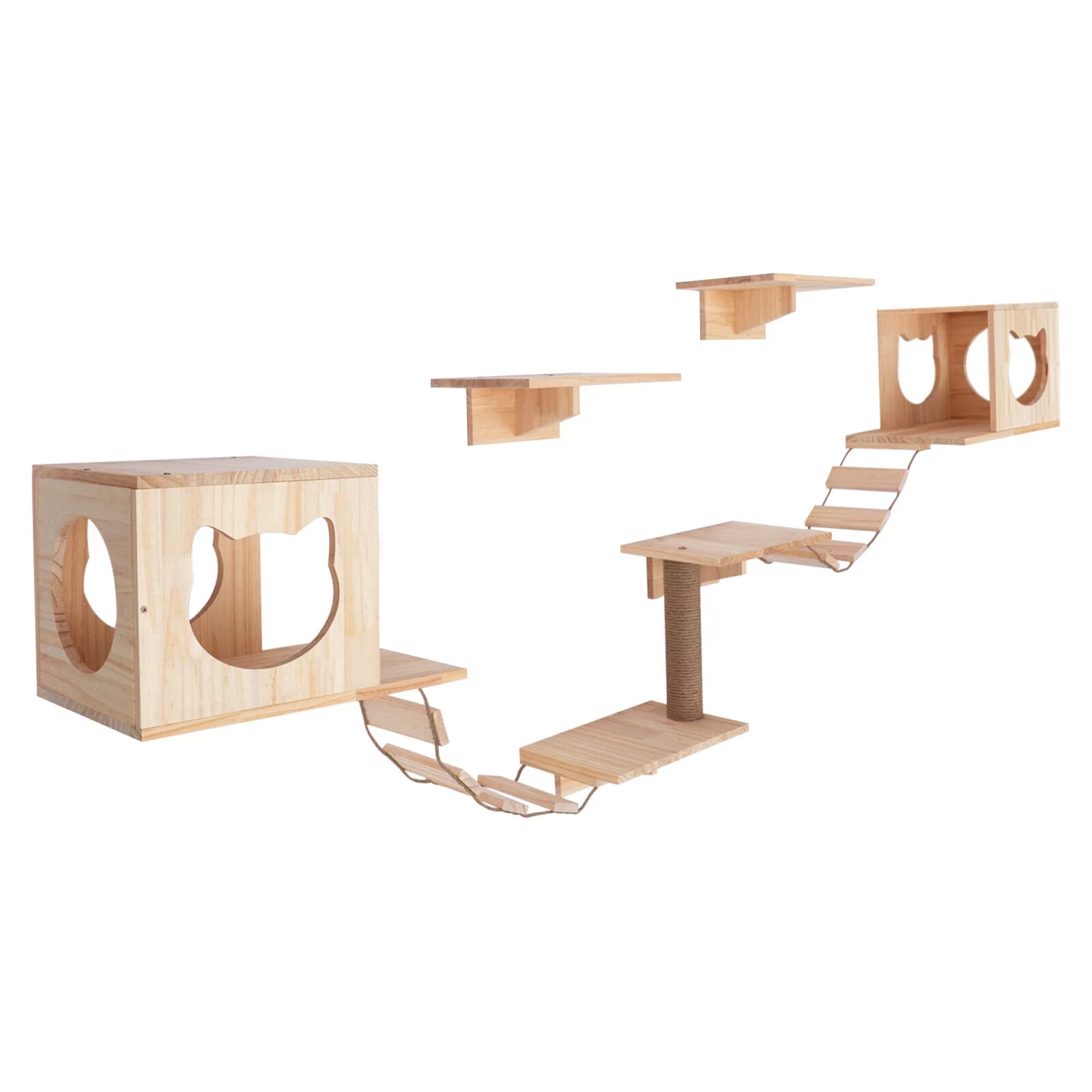 Miumaeov Wall Wood Cat Climber Set Sturdy Cat Wall Shelves and Perches Set with 2 Cat Houses 4 Cat Shelves 2 Ladders and 1 Cat Scratching Post for Catteries Homes Pet Stores