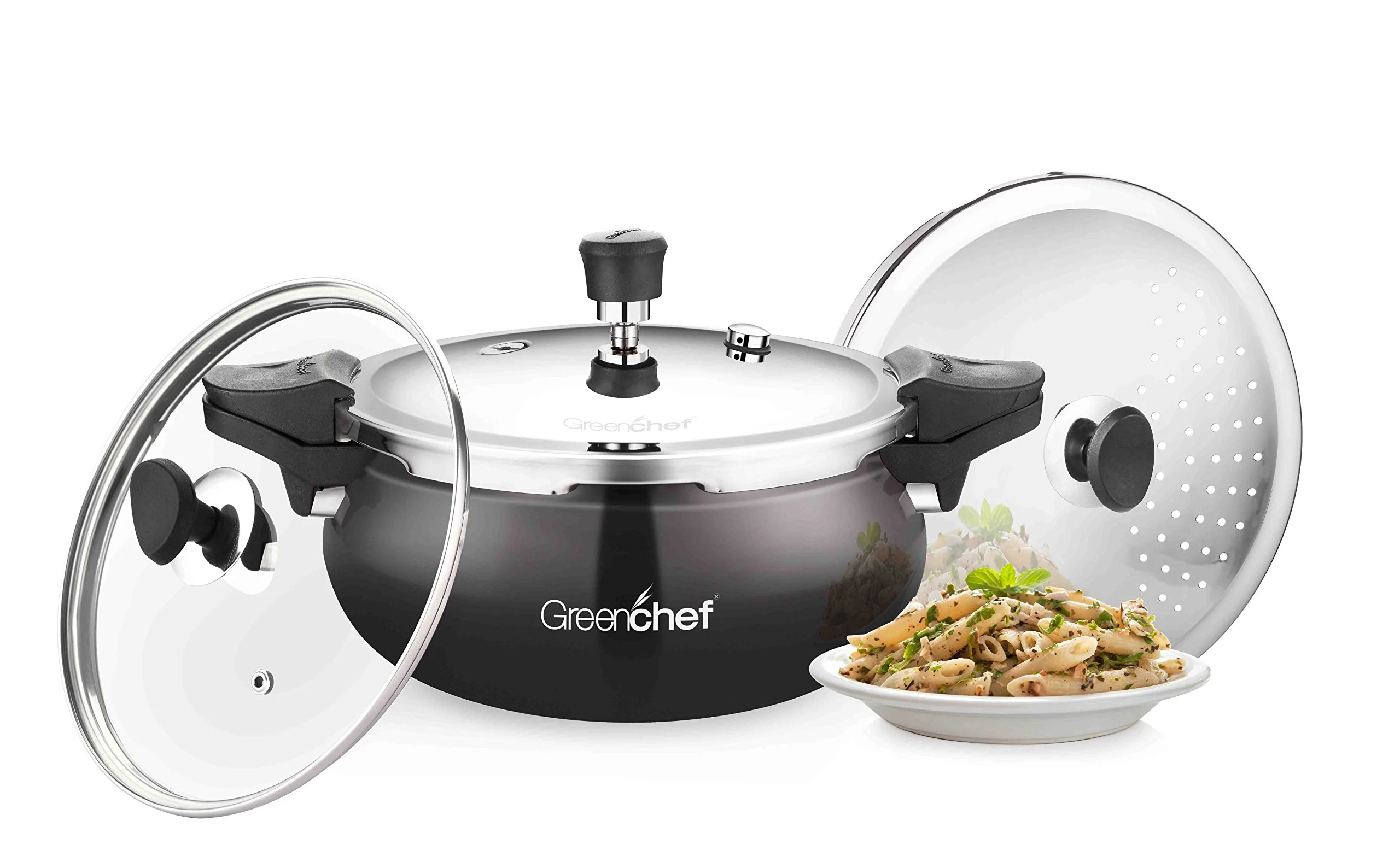 Greenchef Unique Multipurpose Induction Bottom Outer Lid Pressure Cooker- Hard Anodized Aluminum Cooker (5L)