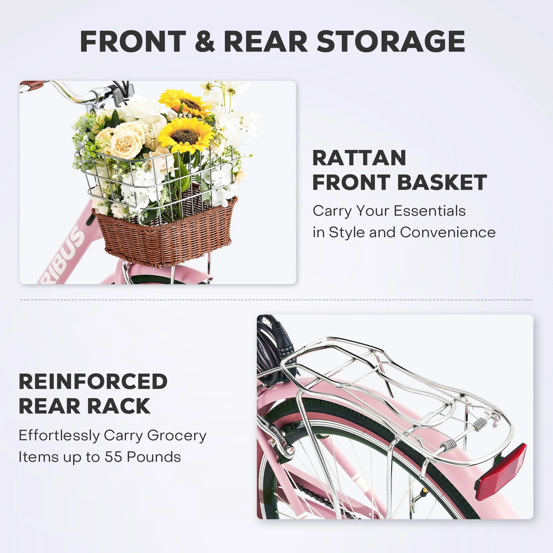 Women's Bike 26 Inch Beach & City Cruiser Bicycle with 7 Speed Basket Pink