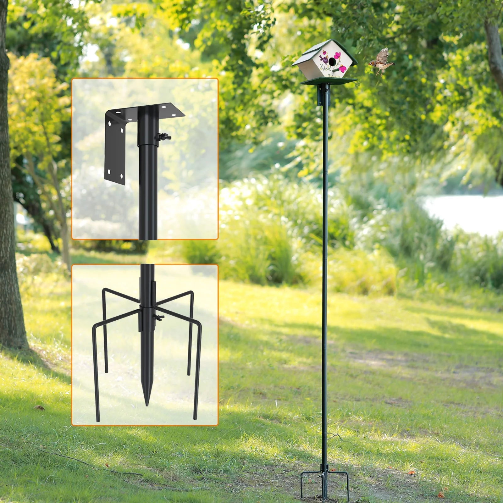 Urban Deco Bird House Pole Mount Kit 80 Inch - Adjustable Hummingbird Bird Feeder Post Support Rod Universal Stand Set with 5 Prongs for Outdoor, Yard, Garden Decor, Black