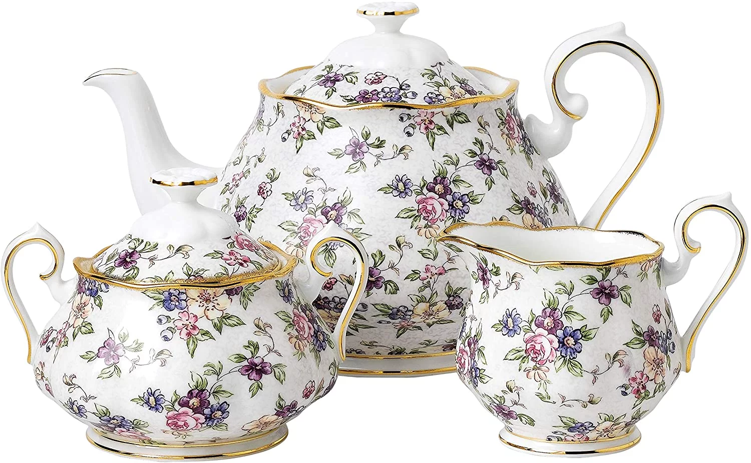 100 Years Teapot Sugar Cream, 3 Piece Set Englsih Chintz 1940, Bone China, Multicolor