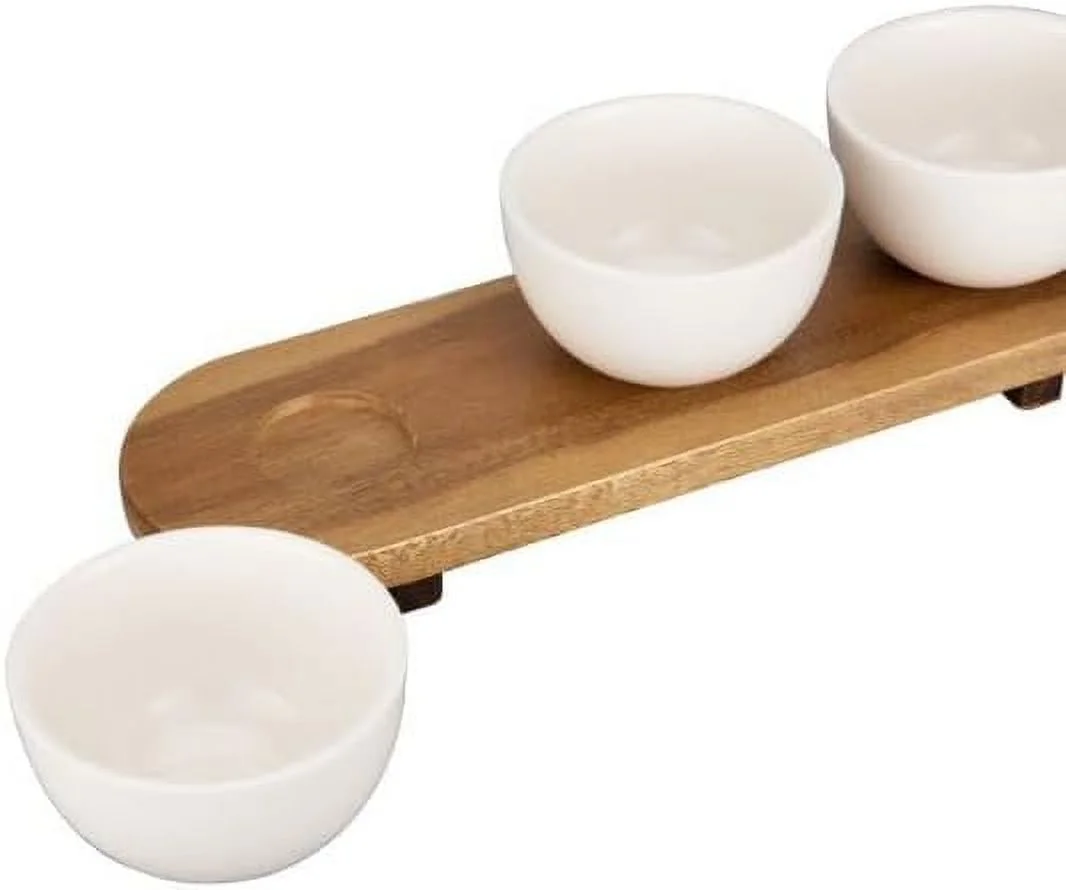 White Stoneware Serving Bowl Set With Acacia Wood Stand 14” X 4.5” Condiment Caddy, Dip Bowls, Charcuterie Server, Flight Board
