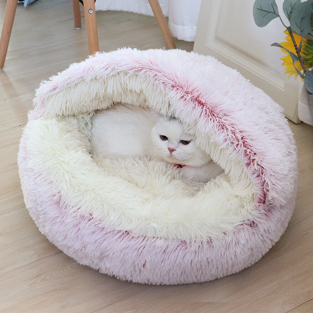 Pet Artist Dog Cave Bed Round Plush Cuddler Warm Cushion Igloo House Crate Cat Calming Bed