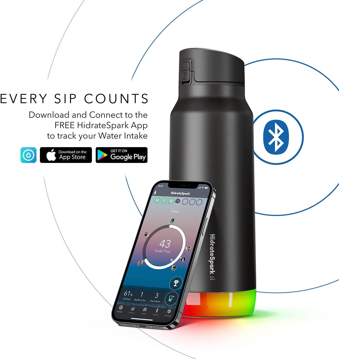 HidrateSpark PRO 32oz. Insulated Stainless Steel Bluetooth Smart Water Bottle with Chug Lid & Free Hydration Tracker App - Black