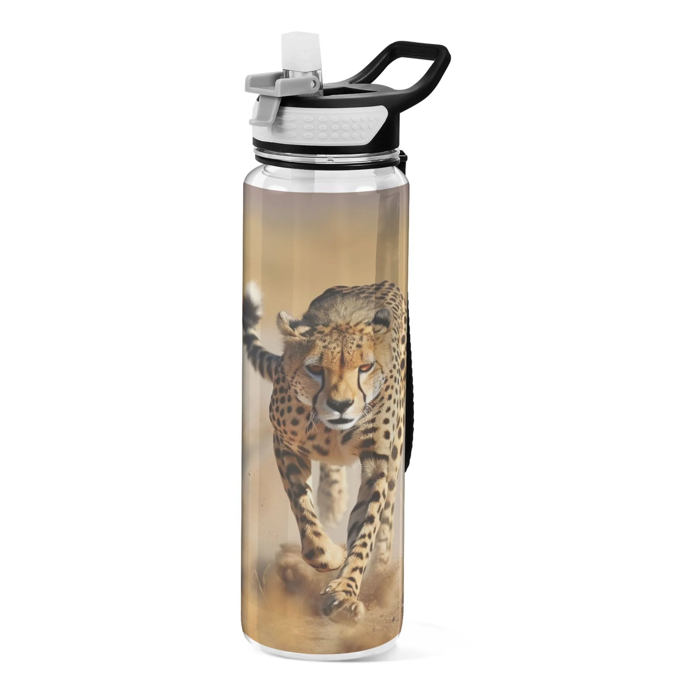 Cheetah Leopard Running 32oz Sports Water Bottles Leakproof Tritan Bottle with Straw BPA Free Clear Bottle for Fitness Gym Outdoor Cycling