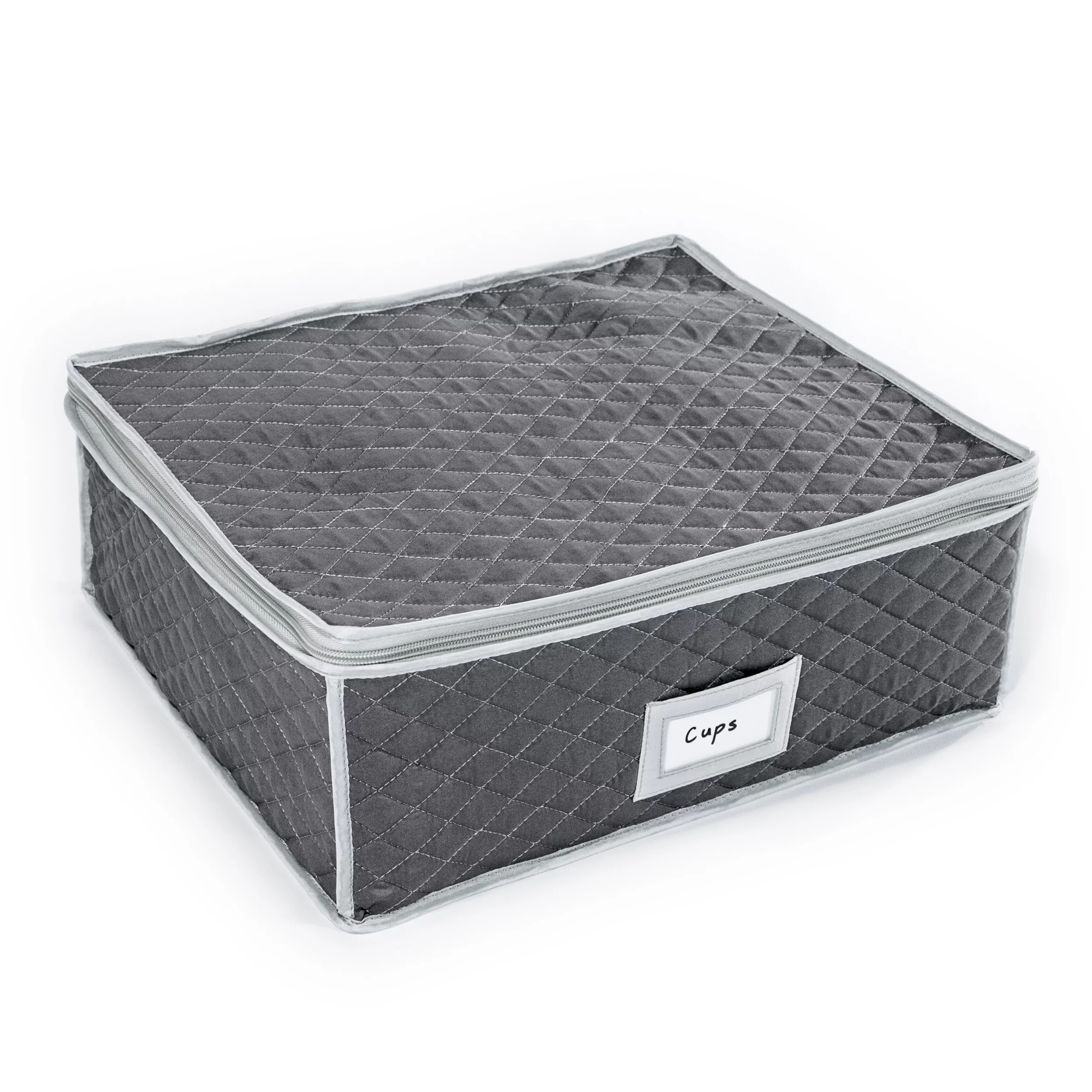 China Cup Storage Chest - Quilted Fabric Container in Gray Measuring 16