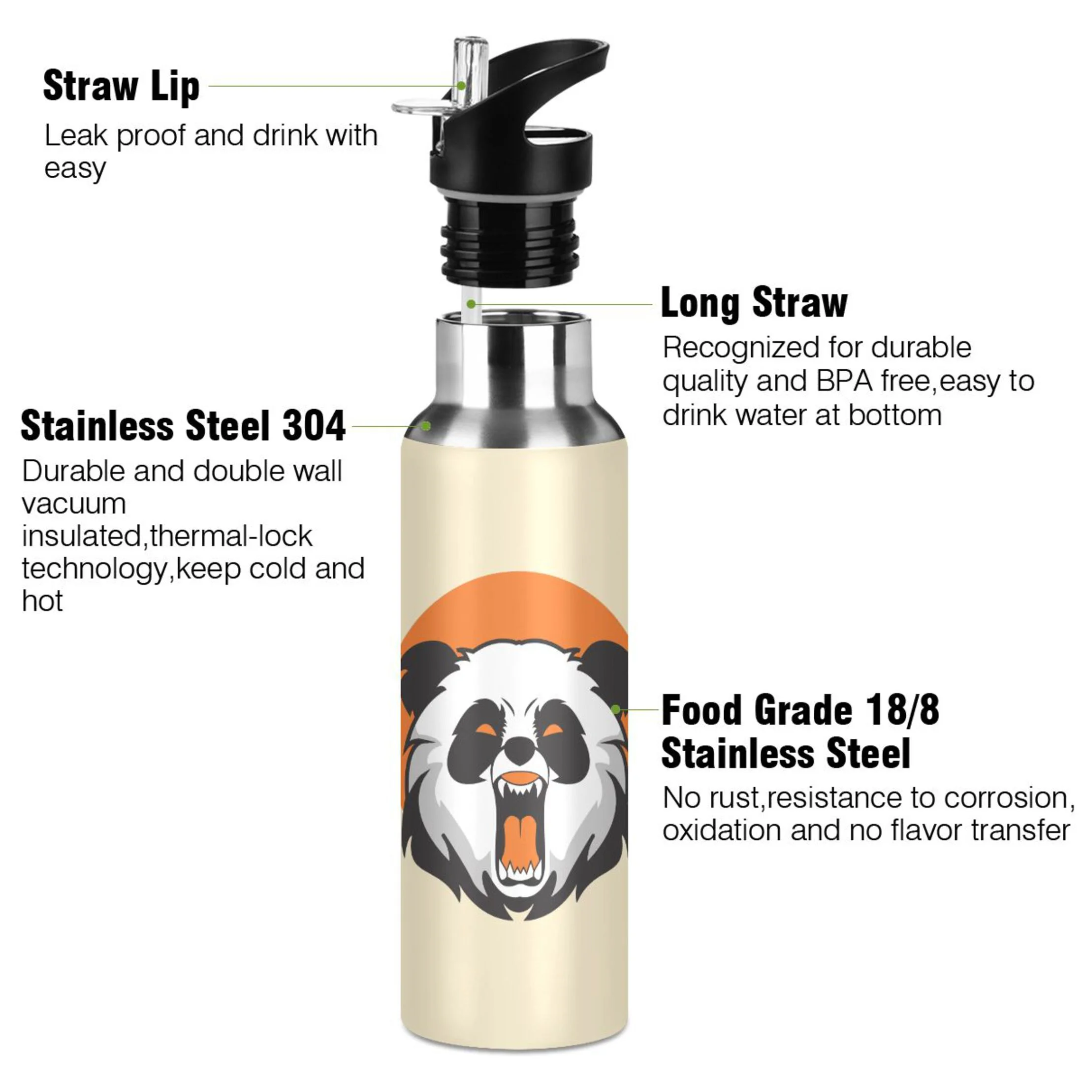 Water Bottle with Straw Lid Leak Roaring Panda Stainless Steel Insulated Thermos Vacuum Flask for Cold Hot Drinking for Sports Camping Gym Yoga