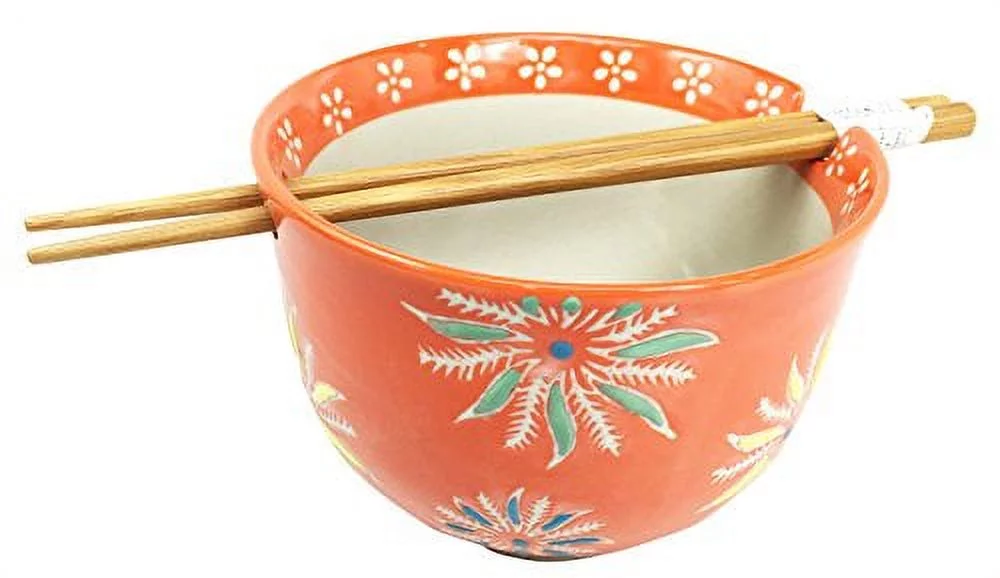 Japanese Design Orange Flower Blossoms Ceramic Ramen Udong Noodle Soup Bowl and Chopsticks Set Great Gift For College Students Housewarming Ramen Lovers Asian Living Home Decor