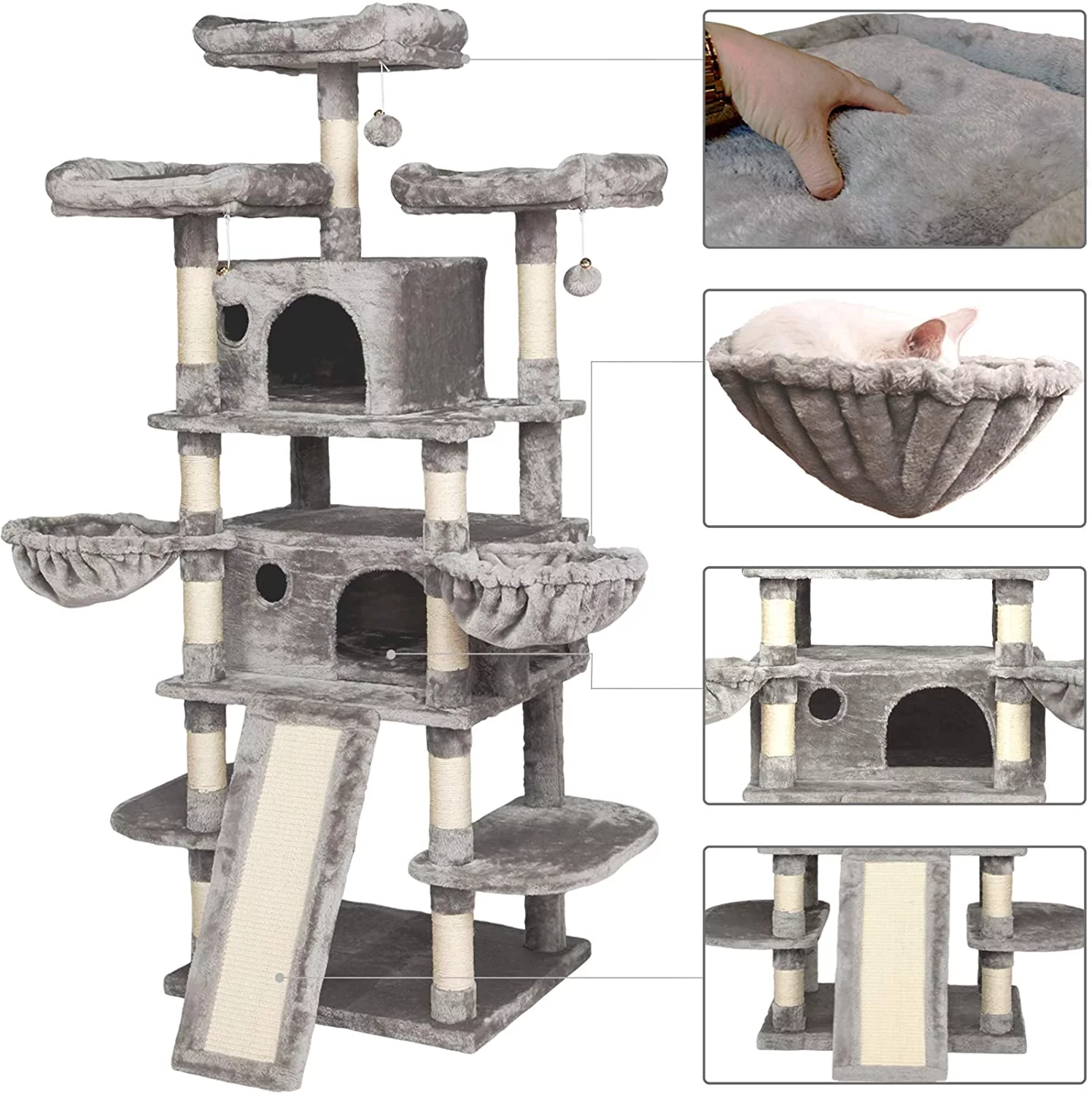 Allewie Grey 68 Inches Multi-Level Large Cat Tree with Cat Condo and Sisal Scratching Posts and Hammocks