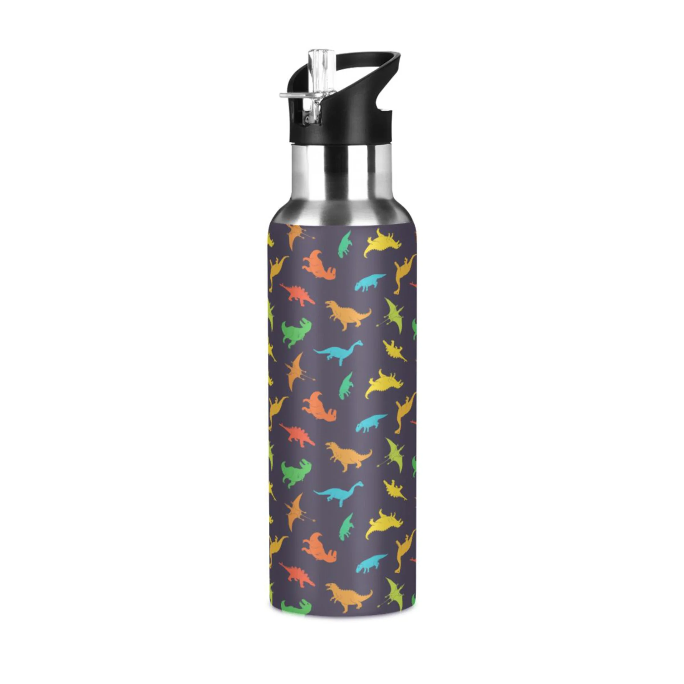Water Bottle with Straw Lid Leak Cartoon Dinosaurs Doodle Stainless Steel Insulated Thermos Vacuum Flask for Cold Hot Drinking for Sports Camping Gym Yoga