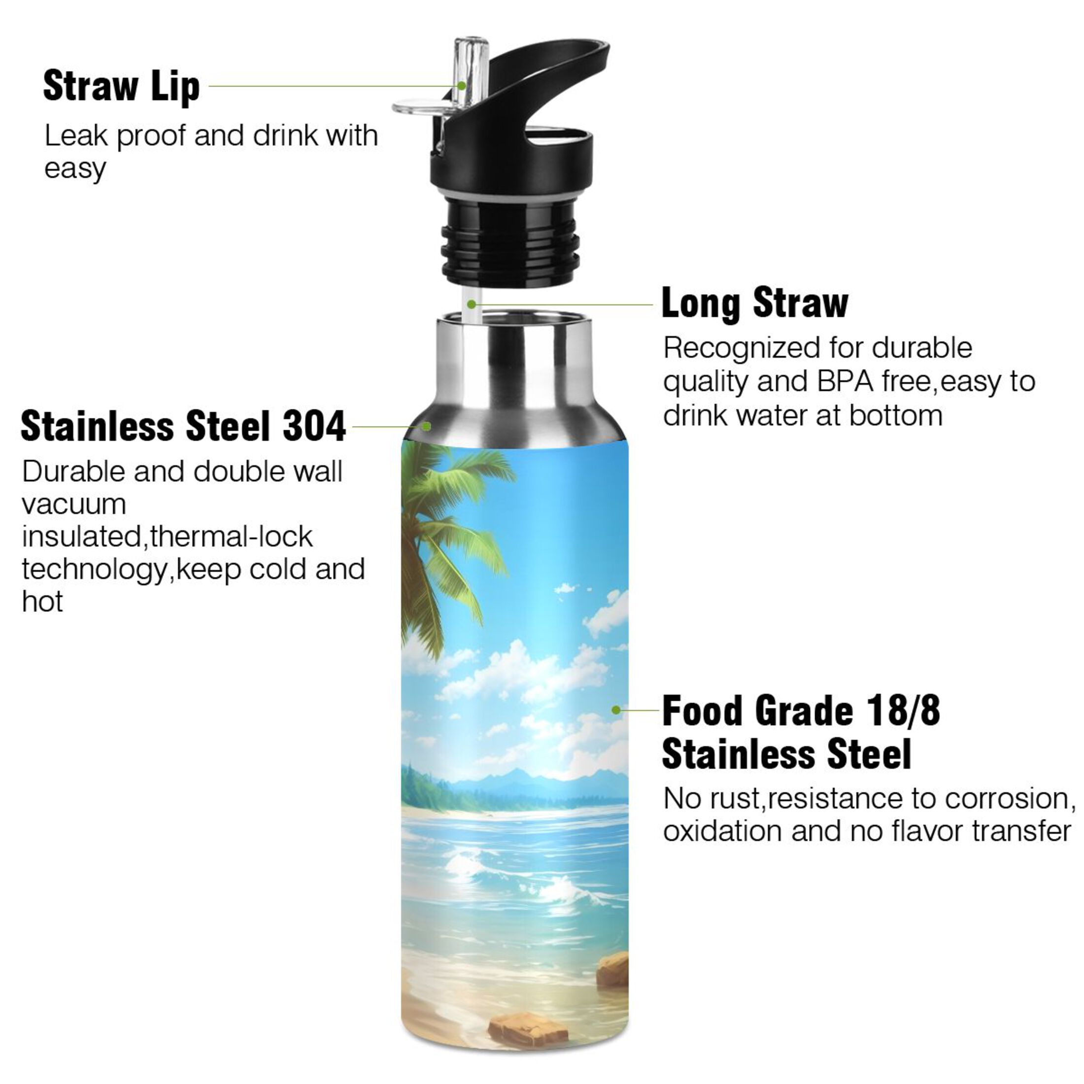Beach and Sky Water Bottles Insulated Thermos Kids Stainless Steel Bottle with Straw Lid Flask Leakproof for Sports Gym 20 oz
