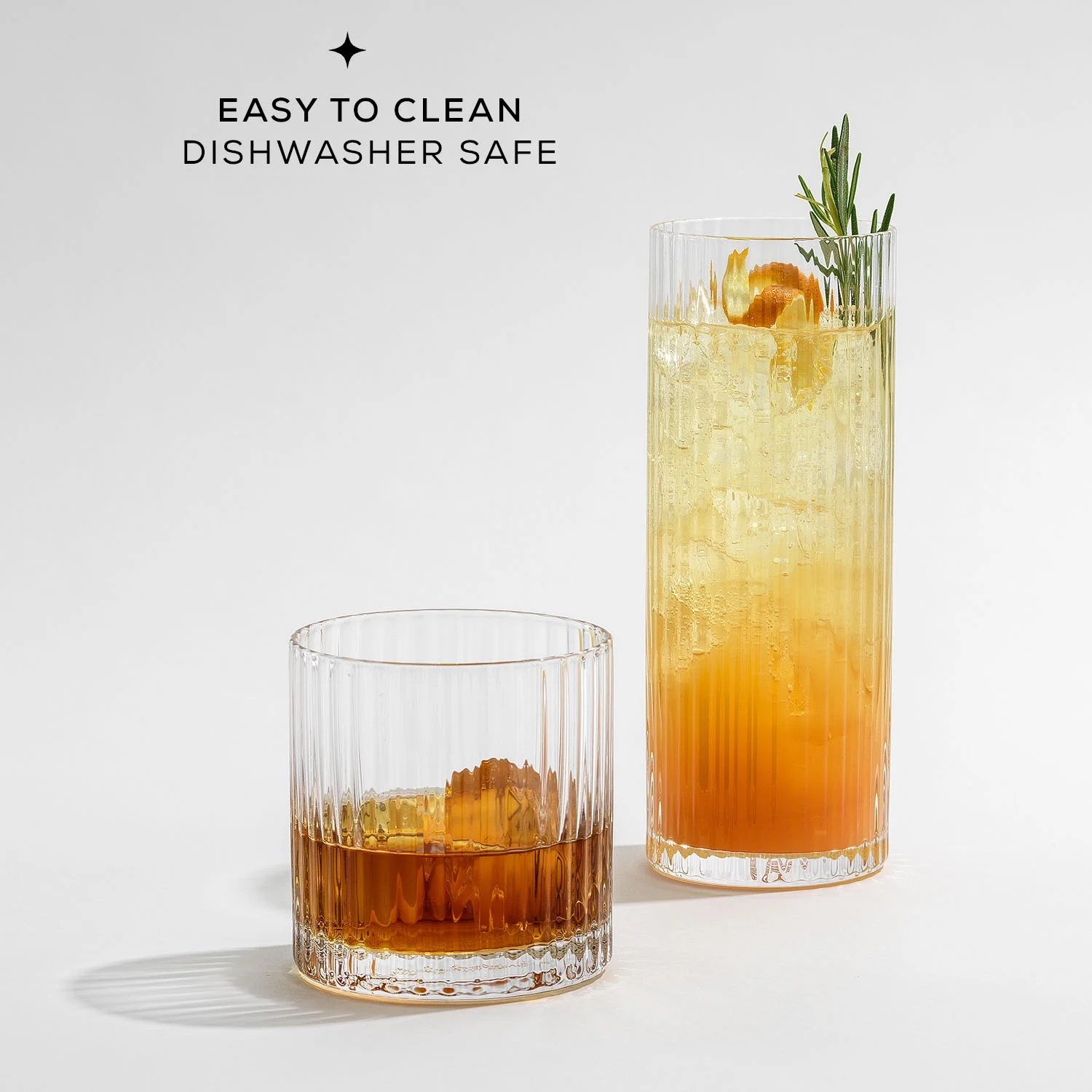 Elle Ribbed Highball Water Drinking Glasses [Set of 2]