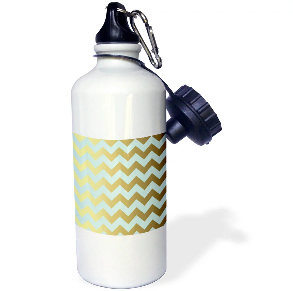 3dRose Aqua and Gold Chevron Stripes - Straw Water Bottle, 21-ounce