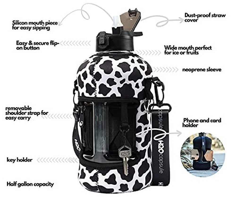 H2O Capsule 2.2L Half Gallon Water Bottle with Storage Sleeve and Covered Straw Lid - BPA Free Large Reusable Drink Container with Handle - Big Sports Jug, 2.2 Liter (74 Ounce) Cowbell