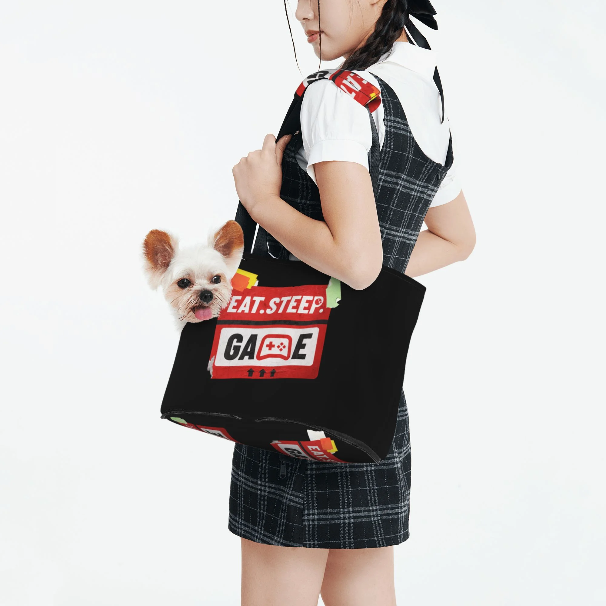 TEQUAN Foldable Dog Purse Carrier, Collapsible Red Eat Sleep Games Tags Prints Pet Travel Tote Bag for Small Cat Puppy, Waterproof Dog Soft-Sided Carriers