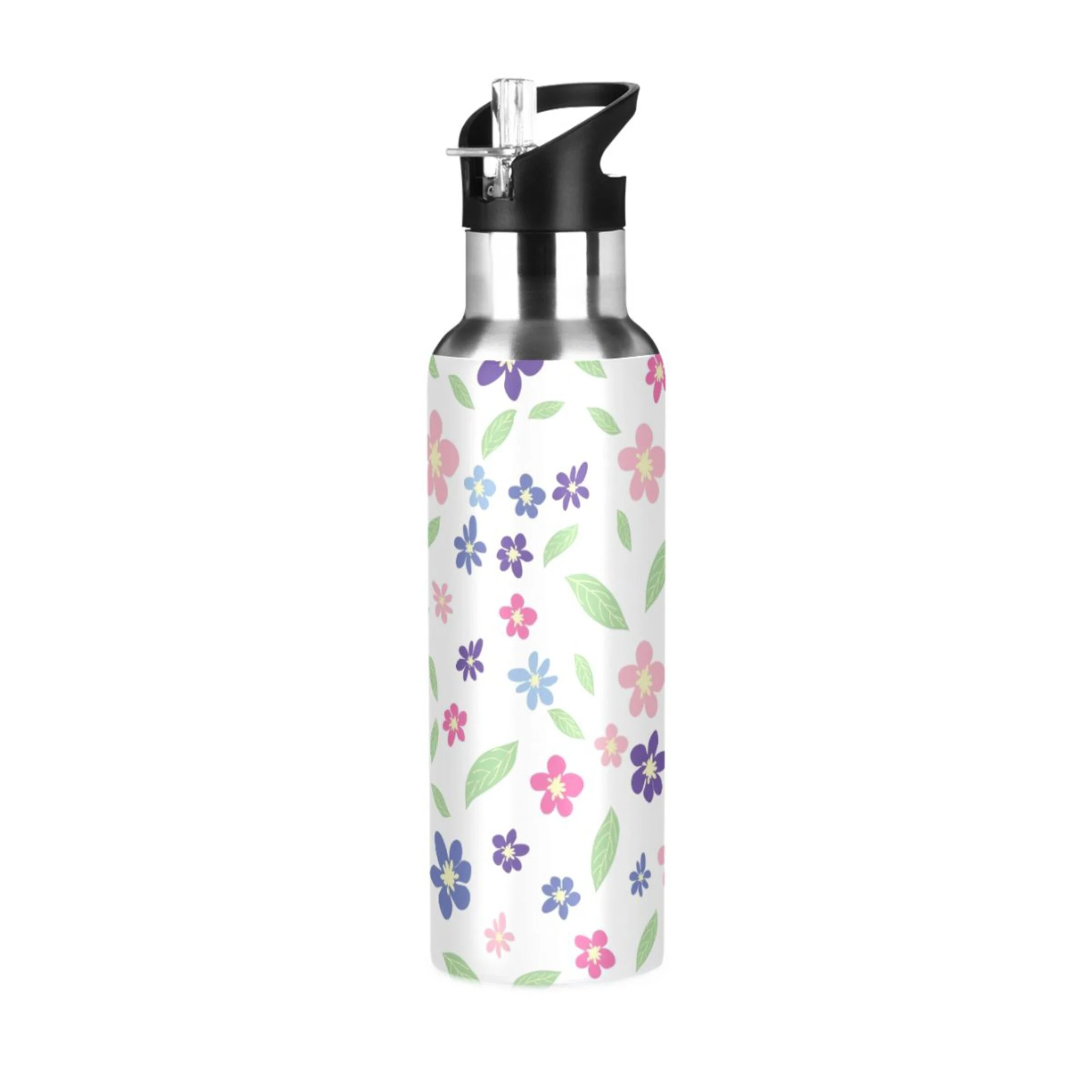 Water Bottle with Straw Lid Leak Flowers with Pink Chamomile Leaves Stainless Steel Insulated Thermos Vacuum Flask for Cold Hot Drinking for Sports Camping Gym Yoga