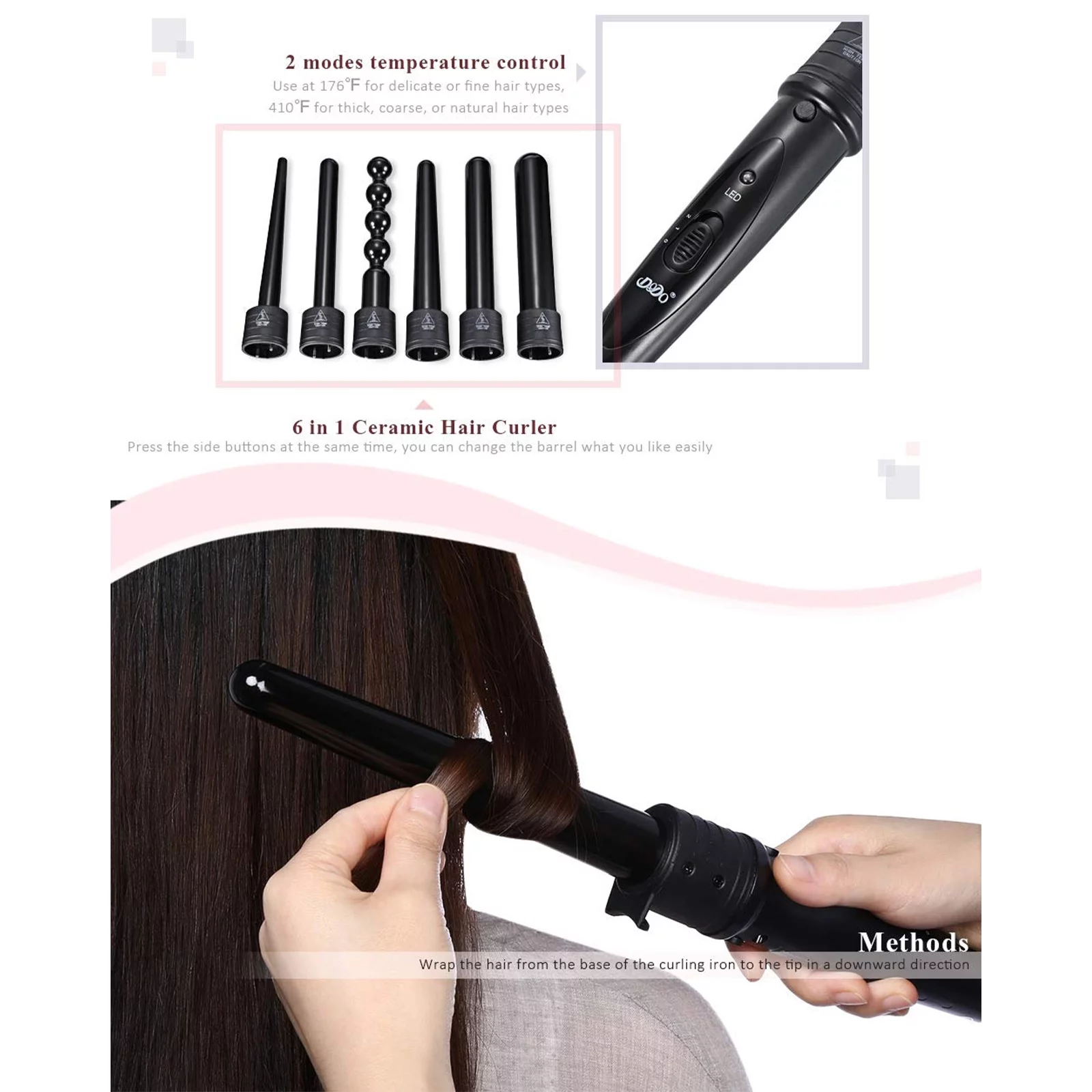 6-IN-1 Curling Iron Professional Curling Wand Set Instant Heat Up Hair Curler with 6 Interchangeable Ceramic Barrels (0.35'' to 1.25'') with Heat Protective Glove & 2 Clips