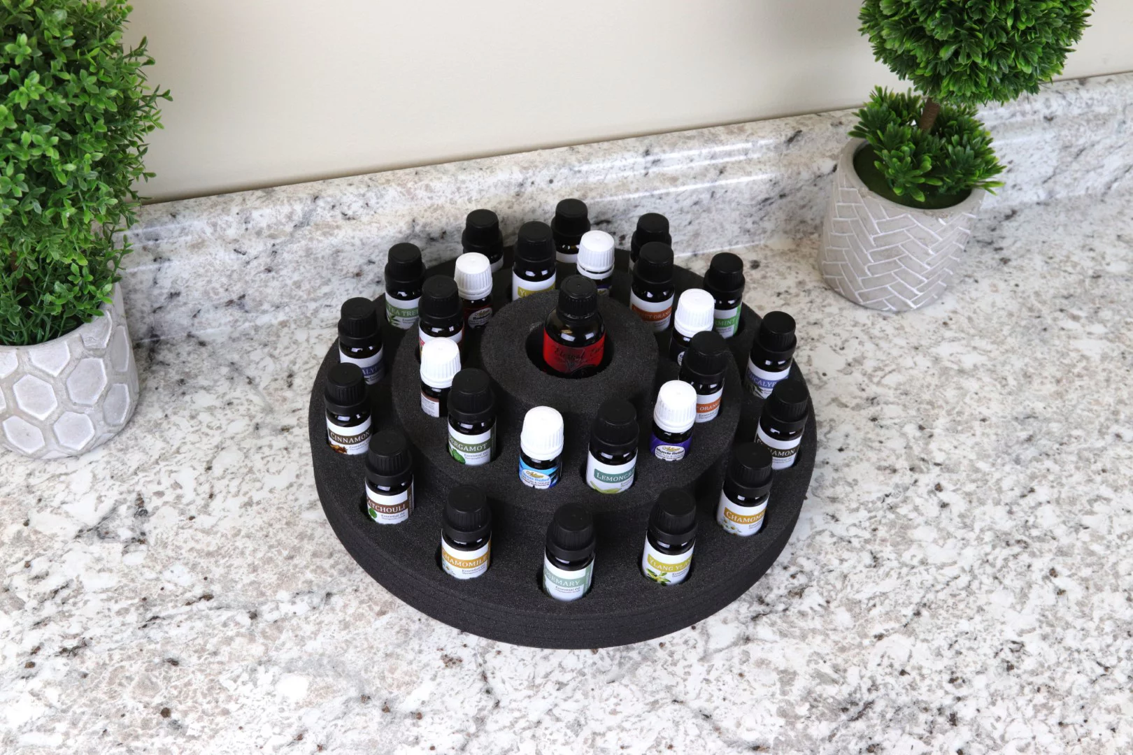 Polar Whale Essential Oil Storage Organizer 3 Tier Display Rack for Home Bathroom Bedroom Office Elegant Modern Durable Black Foam Holds 20 (5ml to 15ml), 6 (5ml) and 1 (30ml to 100ml) Bottles