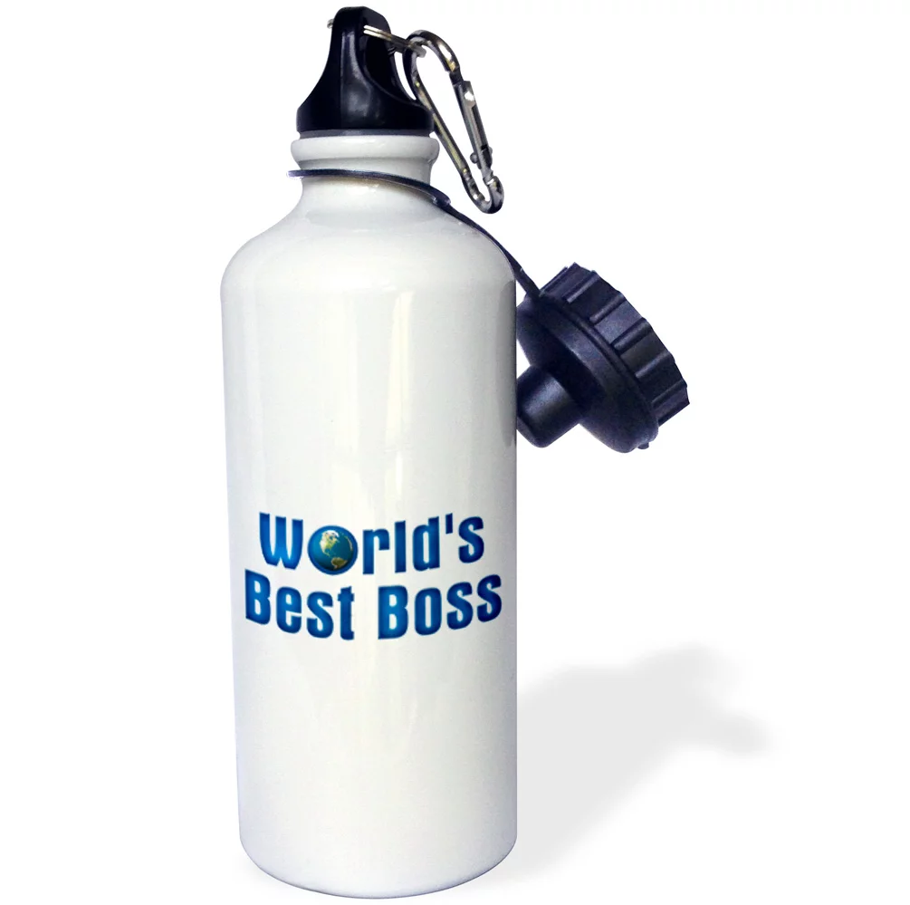 3dRose Blue text Worlds Best Boss with globe on white background, Sports Water Bottle, 21oz