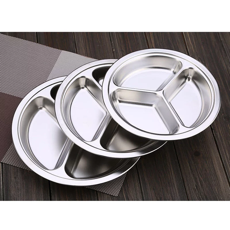 Stainless Steel 3 Sections Round Divided Dish Dia 22/24/26cm Snack Dinner Plate 26cm