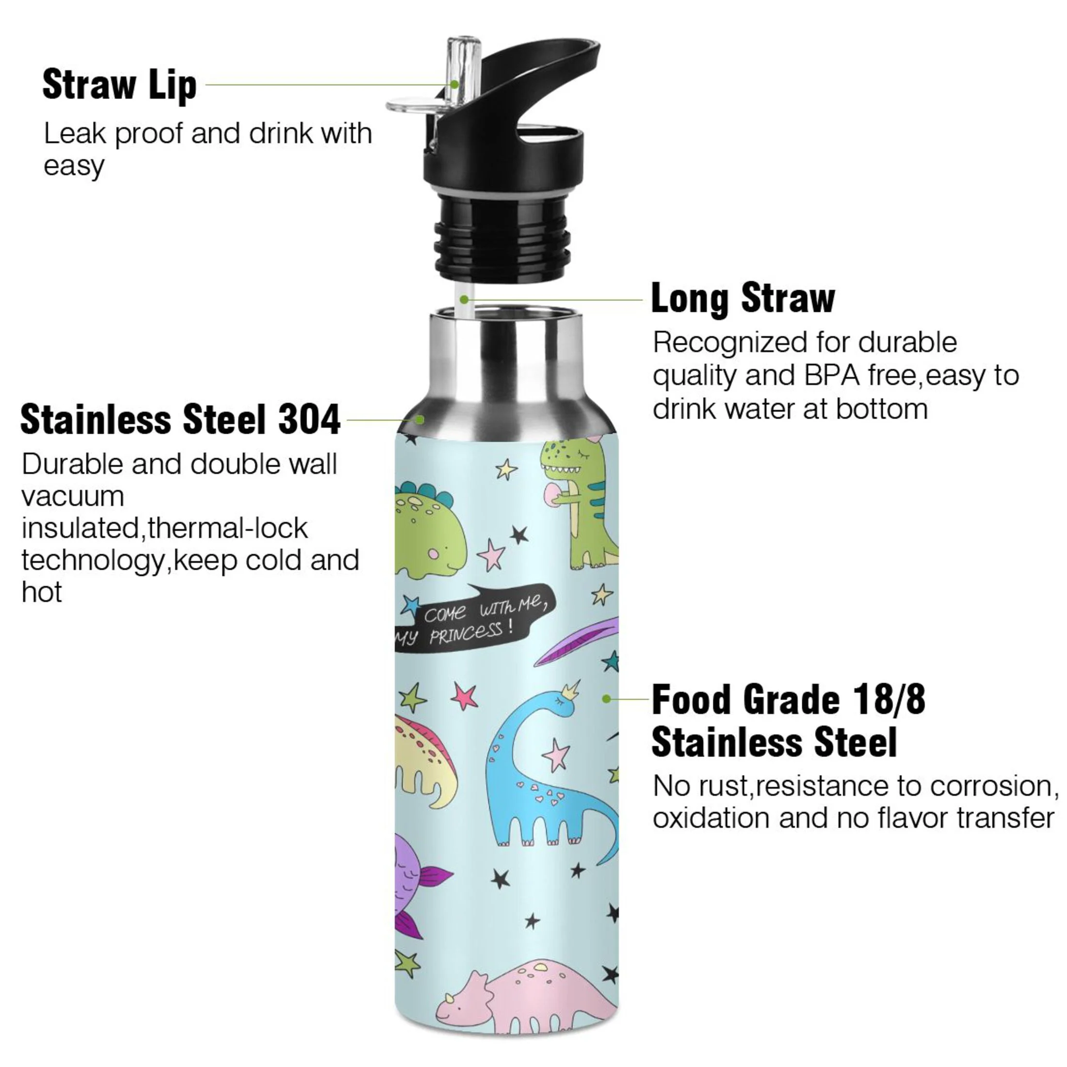Stainless Steel Water Bottle Cute Dinosaur with Straw Lid Vacuum Insulated Keeps Hot and Cold Leak Proof Flask Jug for Gym Travel Sports Cycling Outdoor 20 OZ