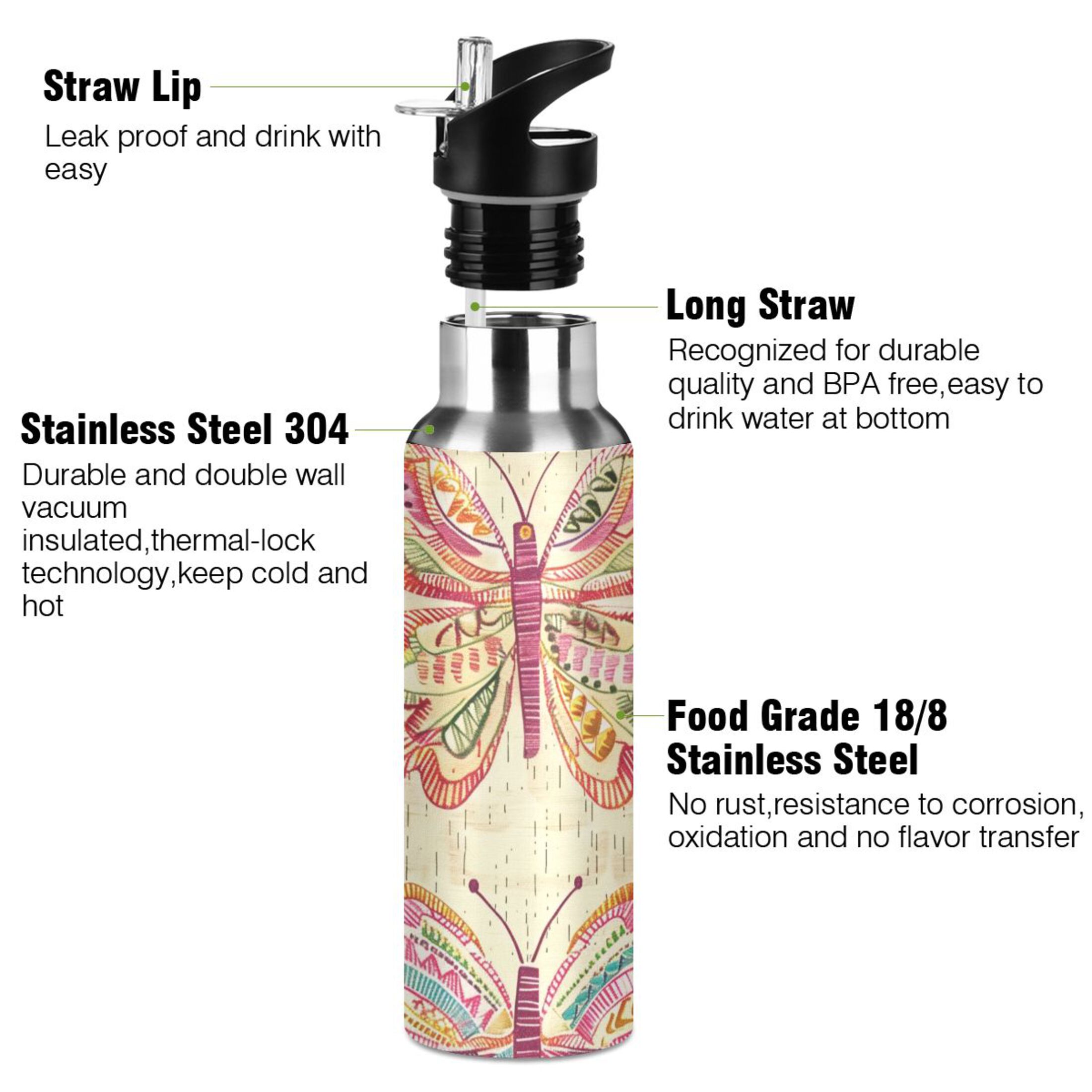 Butterfly Retro Style Water Bottles Insulated Thermos Kids Stainless Steel Bottle with Straw Lid Flask Leakproof for Sports Gym 20 oz