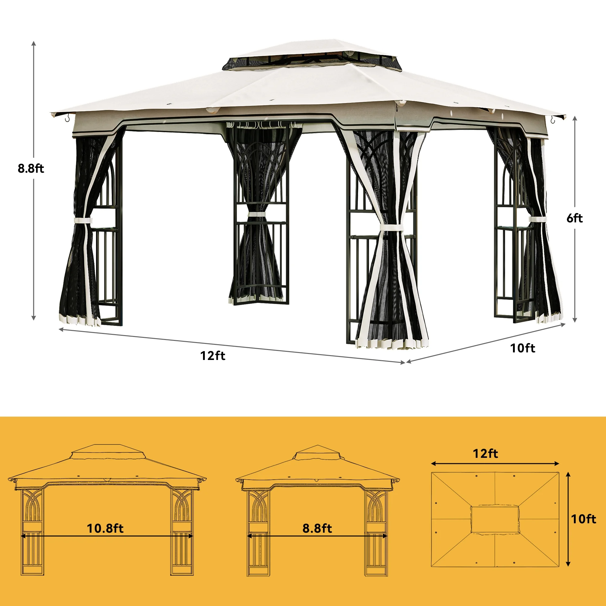 Dextrus 10x12 Gazebo Outdoor Steel Canopy with Removable Mosquito Netting, Vented Soft Top Double Roof with Metal Frame for Patio, Backyard, Deck and Lawns (Beige)