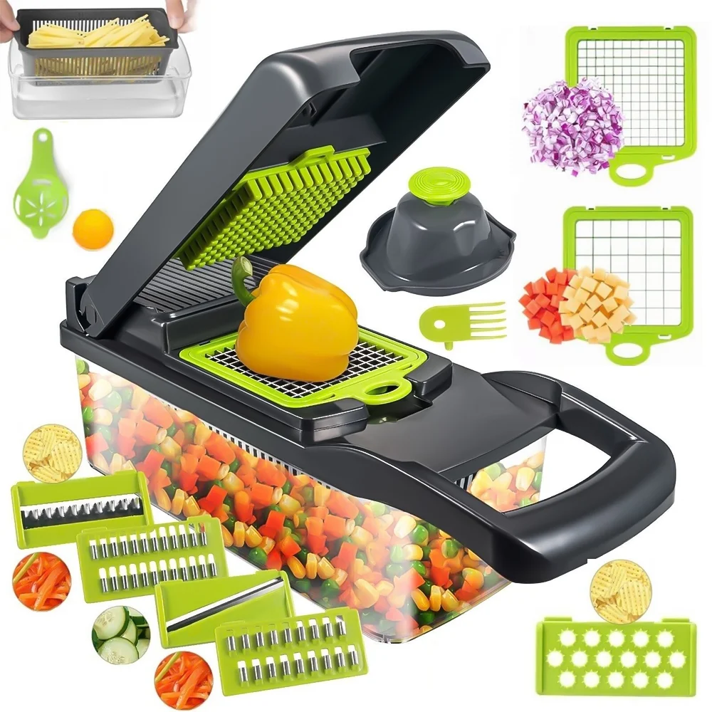 Vegetable Chopper, Multifunctional 14-in-1 Food Chopper, Kitchen Vegetable Slicer Dicer, 6 Blades Vegetable Chopper, Carrot and Garlic Chopper with Container…