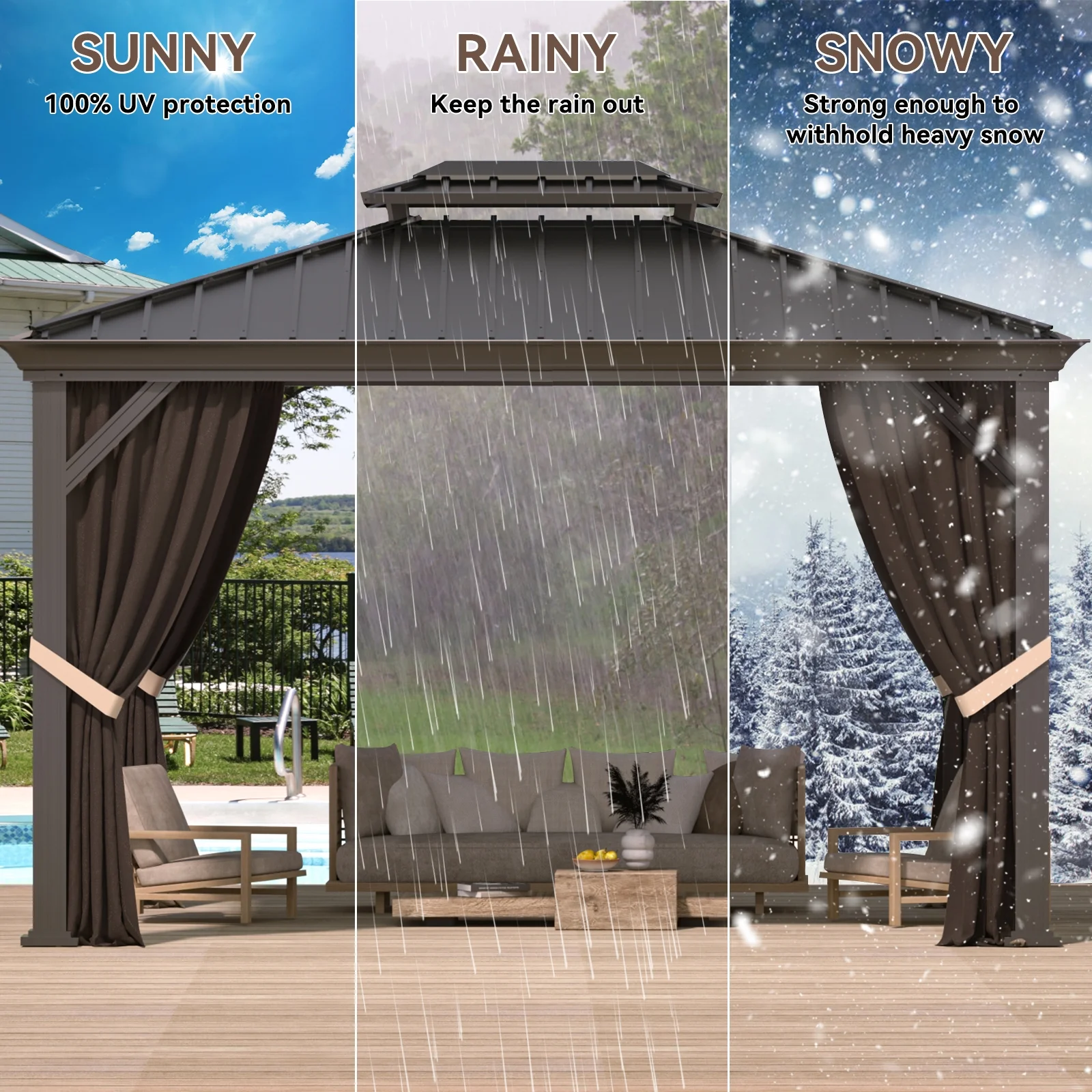 Modern Shade Outdoor Living Spaces 10' x 12' Gazebo, Hardtop Gazebo with Galvanized Steel Double Roof Hard Top Gazebos Aluminum Frame Metal Gazebo with Netting and Curtains Permanent Outdoor Pavilion