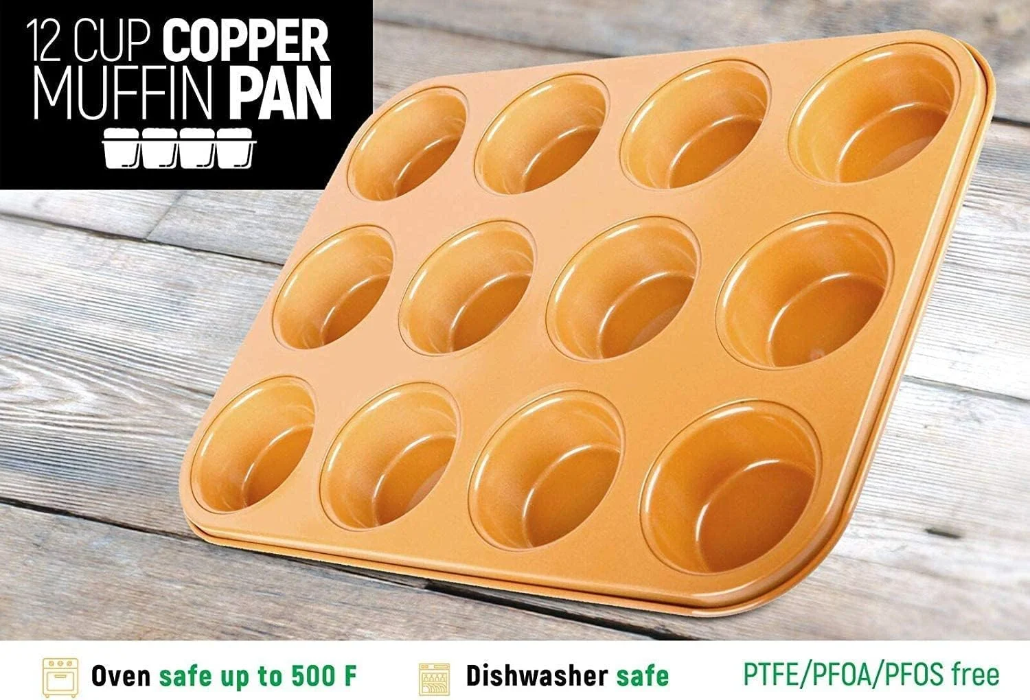 Copper Professional Healthy 12 Cup Cake and Muffins Baking Pan Sheet, Oven and Dishwasher Safe L