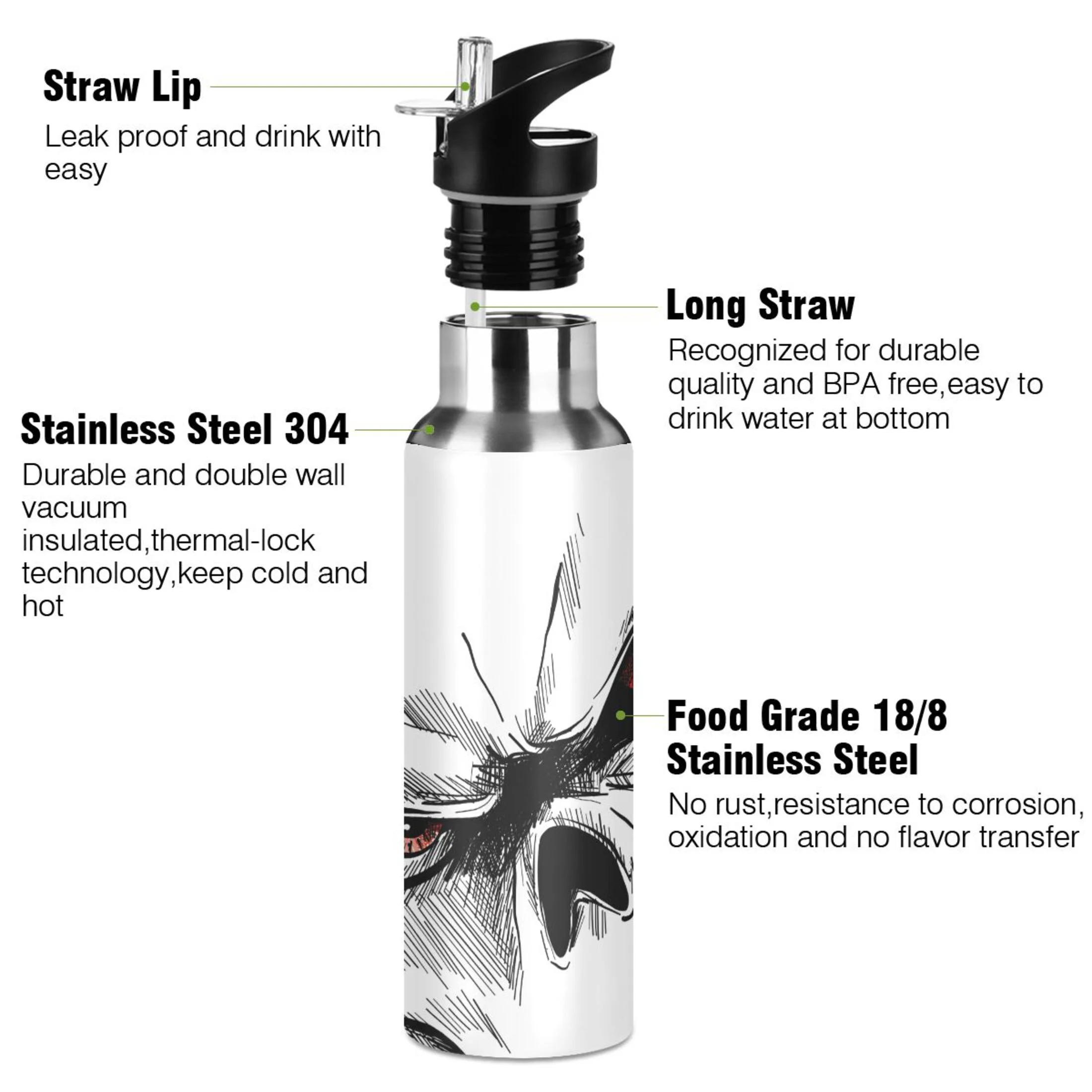 Water Bottle with Straw Lid Leak Skull with Red Eyes Cartoon Stainless Steel Insulated Thermos Vacuum Flask for Cold Hot Drinking for Sports Camping Gym Yoga
