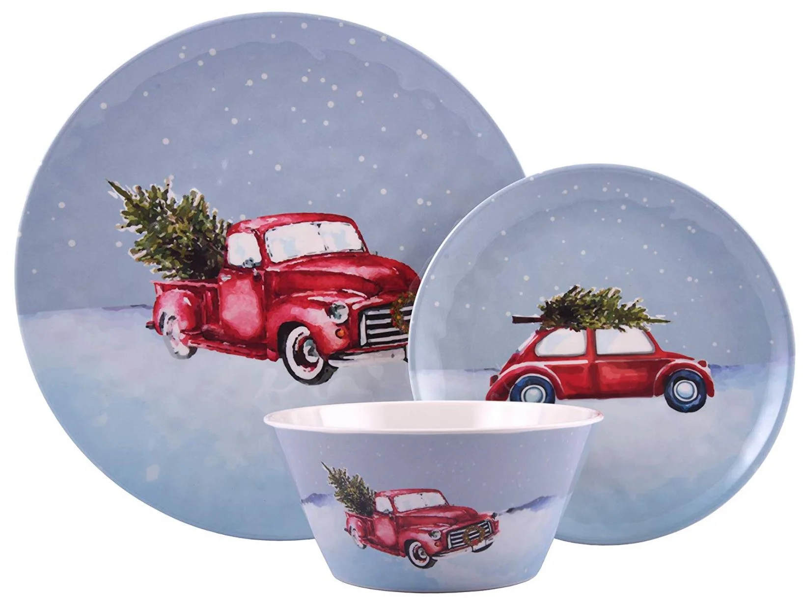 Melange 608410091498 18-Piece 100% Dinnerware Set for 6 Christmas Collection-Tree on Van Shatter-Proof and Chip-Resistant Melamine Dinner Plate, Salad Plate & Soup Bowl (6 Each), 10.5